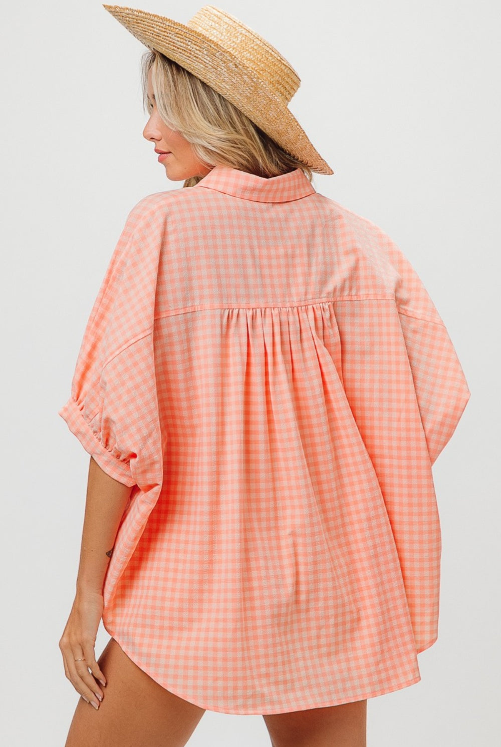 BiBi Plaid Button Up Dolman Sleeve Shirt-Short Sleeves-Trendsi-Urban Threadz Boutique, Women's Fashion Boutique in Saugatuck, MI