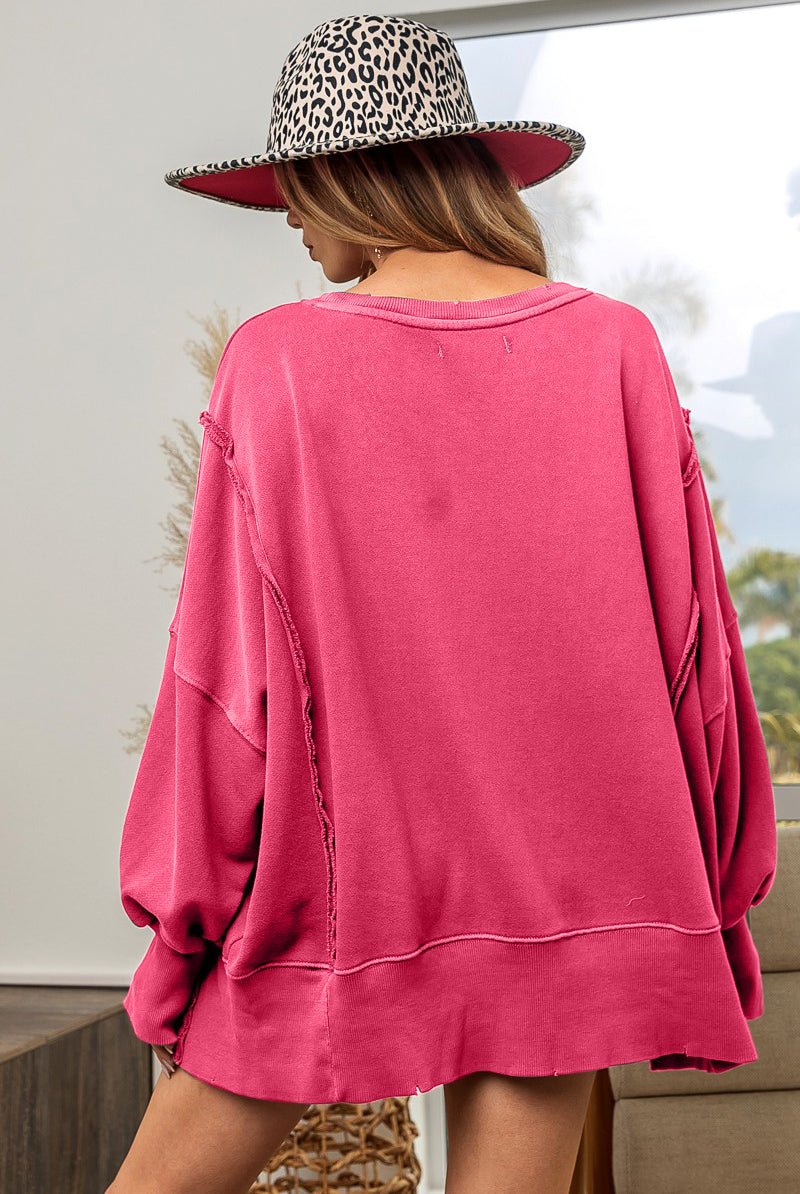 BiBi Washed French Terry Slit Sweatshirt-Long Sleeves-Trendsi-Urban Threadz Boutique, Women's Fashion Boutique in Saugatuck, MI