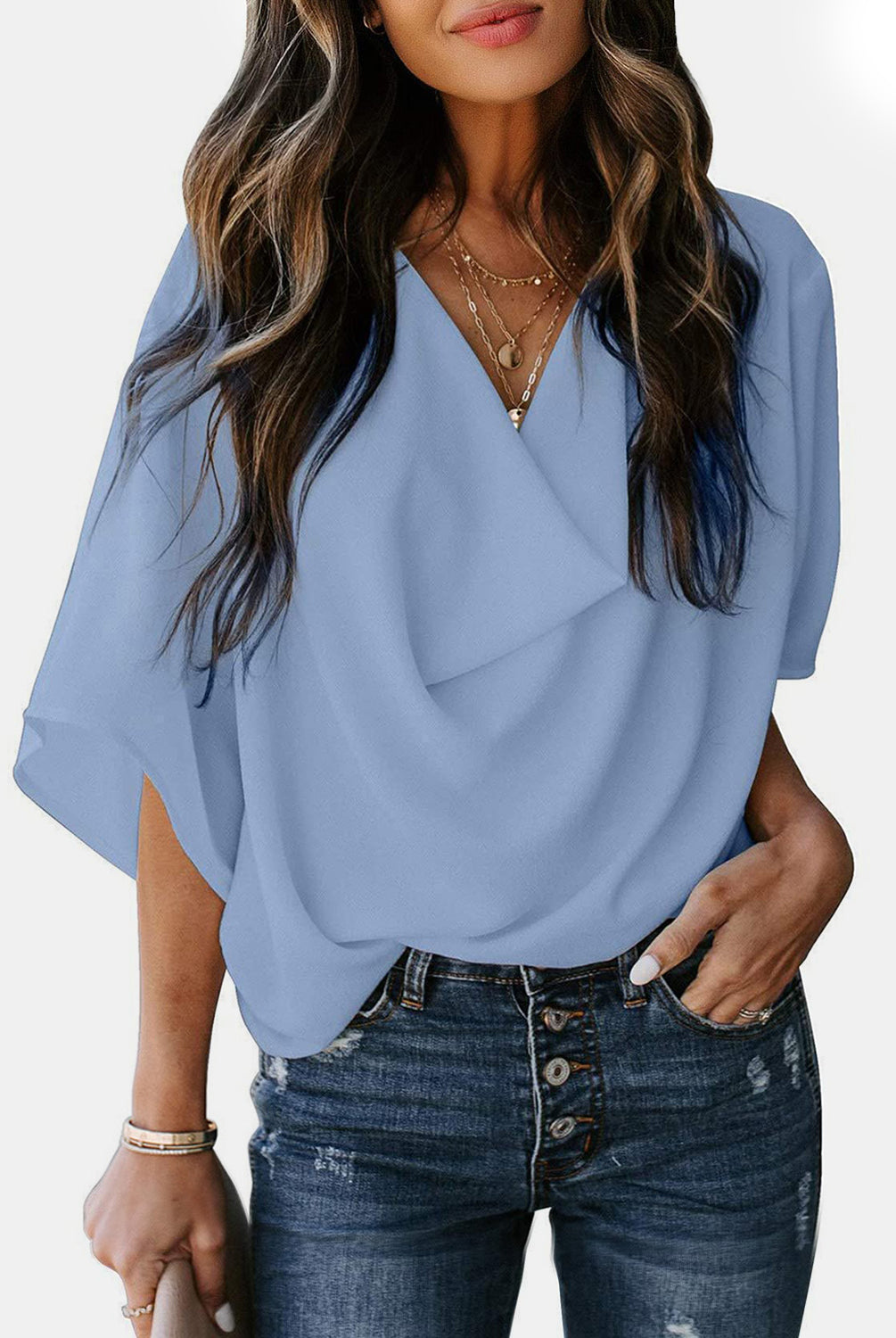 Full Size Cowl Neck Three-Quarter Sleeve Blouse-Short Sleeves-Trendsi-Urban Threadz Boutique, Women's Fashion Boutique in Saugatuck, MI