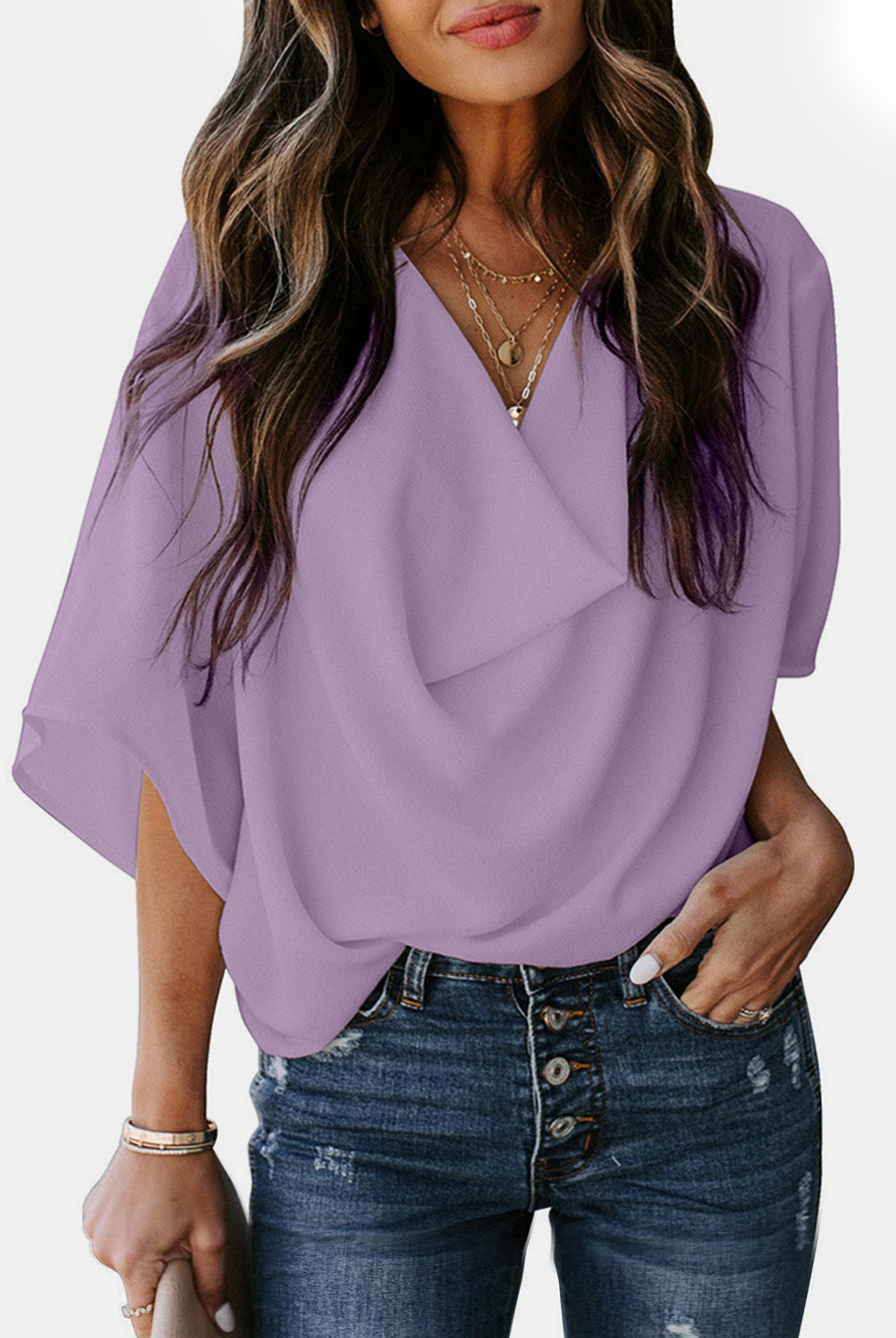 Full Size Cowl Neck Three-Quarter Sleeve Blouse-Short Sleeves-Trendsi-Urban Threadz Boutique, Women's Fashion Boutique in Saugatuck, MI