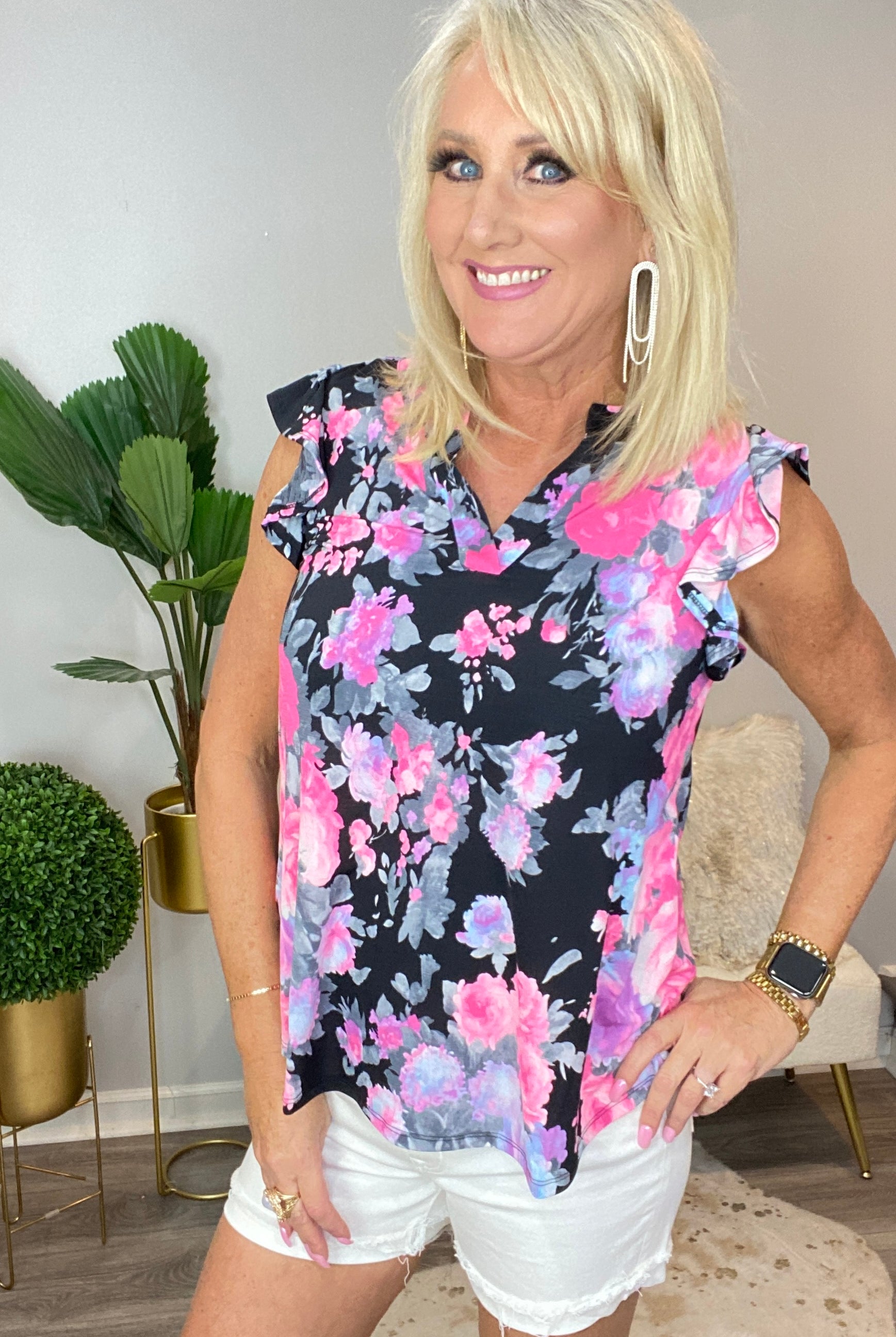 Lizzy Flutter Sleeve Top in Black and Dusty Pink Floral-Tops-Ave Shops-Urban Threadz Boutique, Women's Fashion Boutique in Saugatuck, MI