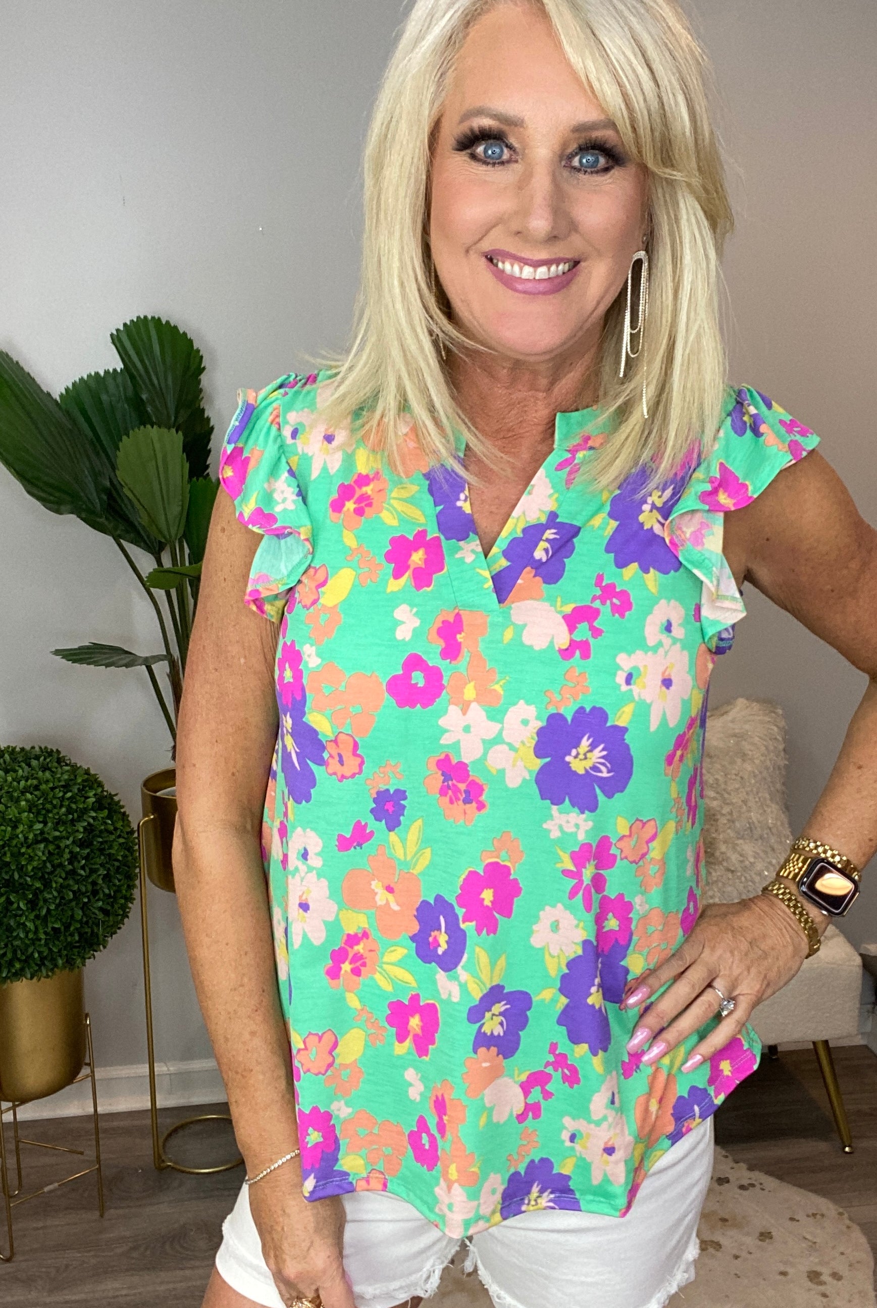 Lizzy Flutter Sleeve Top in Emerald and Purple Floral-Tops-Ave Shops-Urban Threadz Boutique, Women's Fashion Boutique in Saugatuck, MI