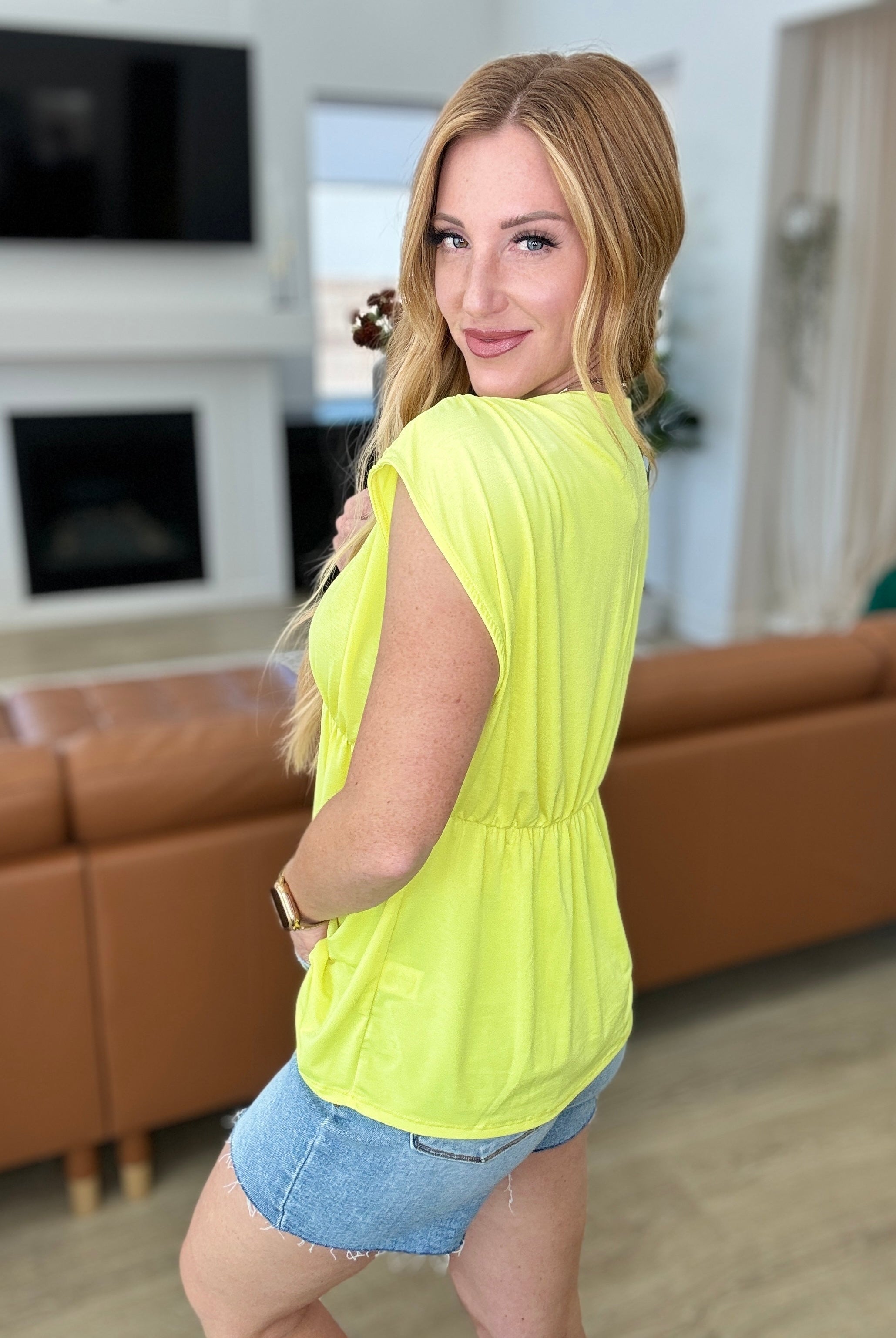 Rhea Peplum Top in Neon Yellow-Short Sleeves-Ave Shops-Urban Threadz Boutique, Women's Fashion Boutique in Saugatuck, MI