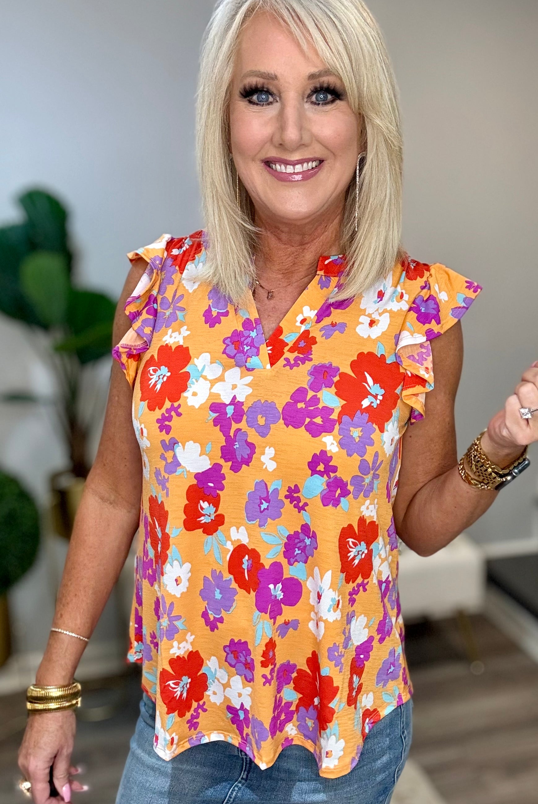 Lizzy Flutter Sleeve Top in Apricot and Red Floral-Tops-Ave Shops-Urban Threadz Boutique, Women's Fashion Boutique in Saugatuck, MI