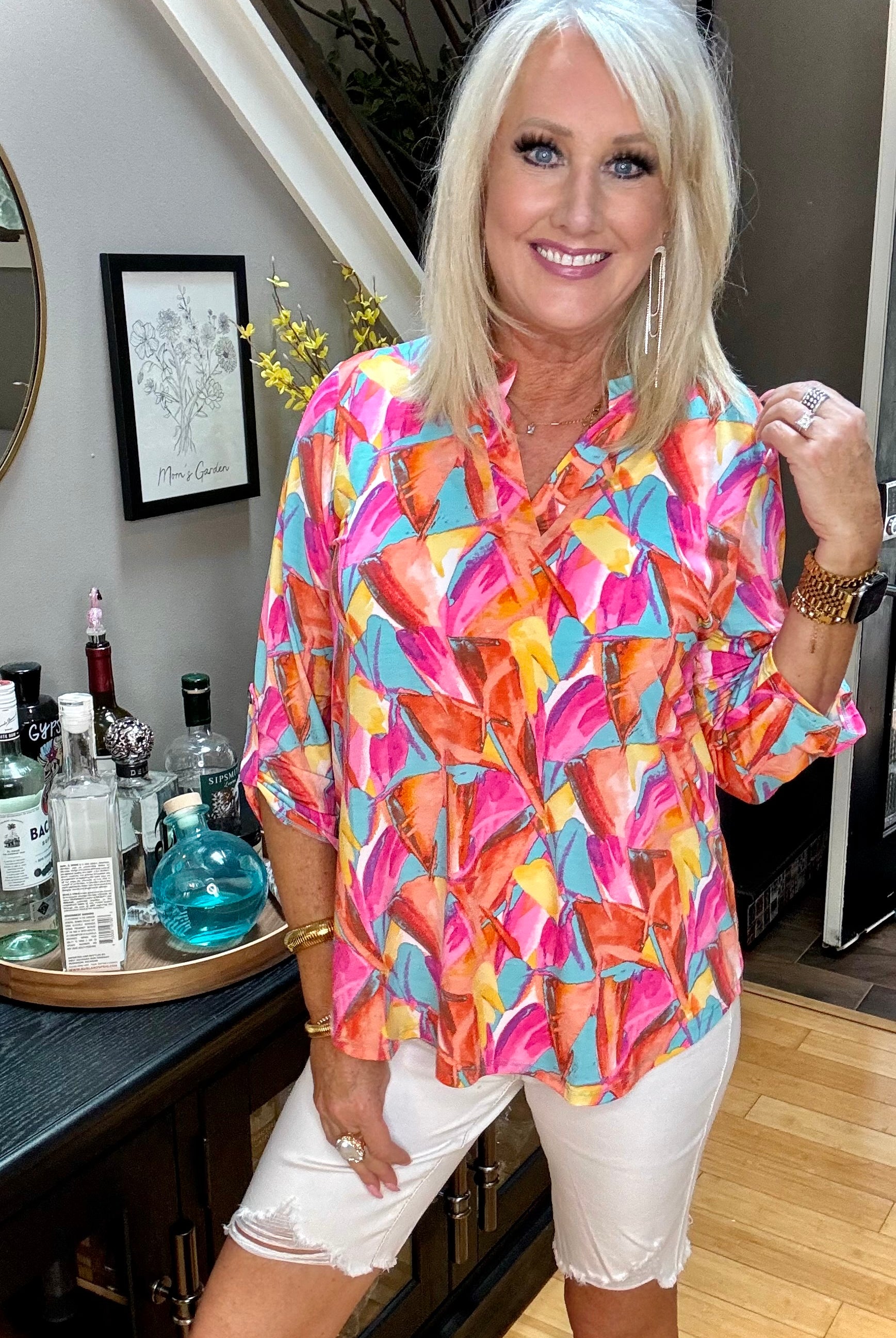 Lizzy Top in Teal and Hot Pink Abstract Fans-Long Sleeves-Ave Shops-Urban Threadz Boutique, Women's Fashion Boutique in Saugatuck, MI