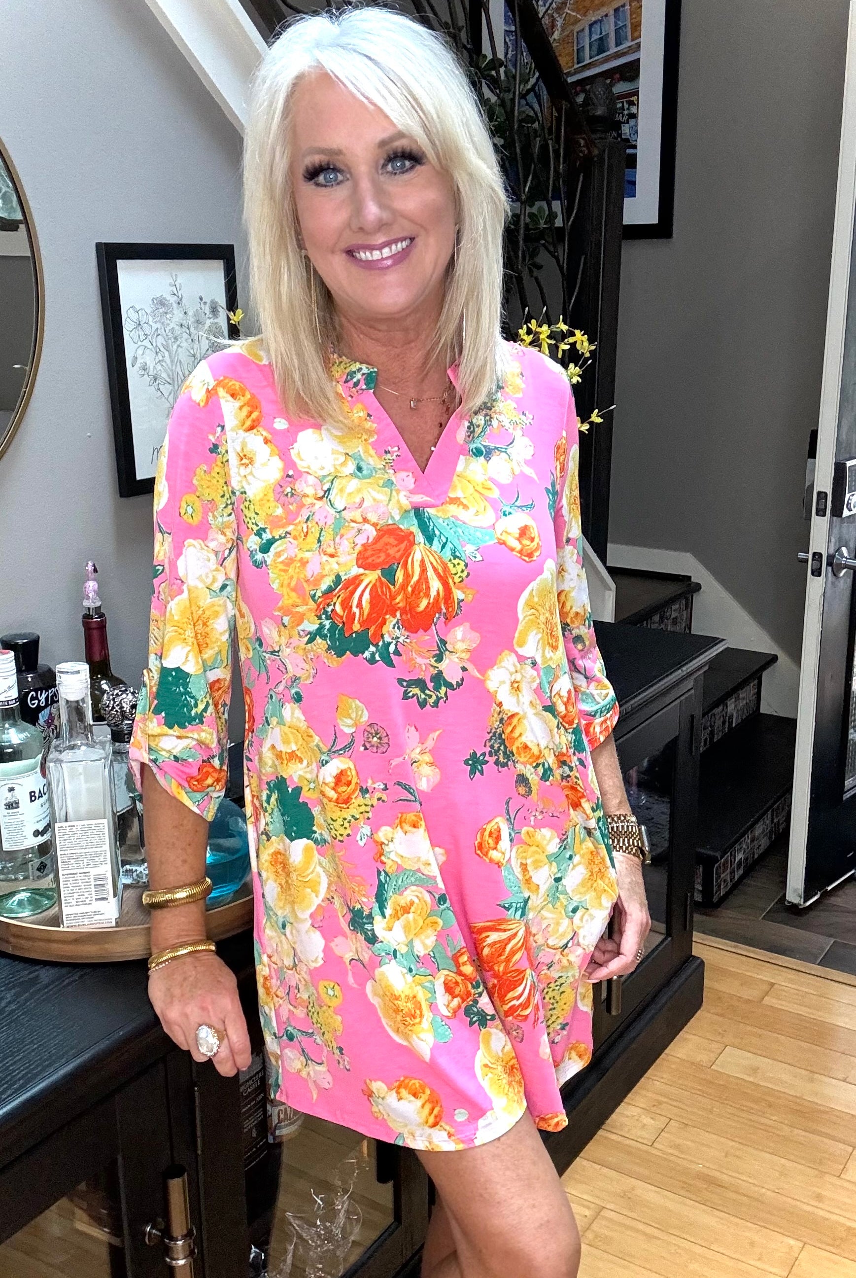 Lizzy Dress in Hot Pink and Yellow Floral-Dresses-Ave Shops-Urban Threadz Boutique, Women's Fashion Boutique in Saugatuck, MI
