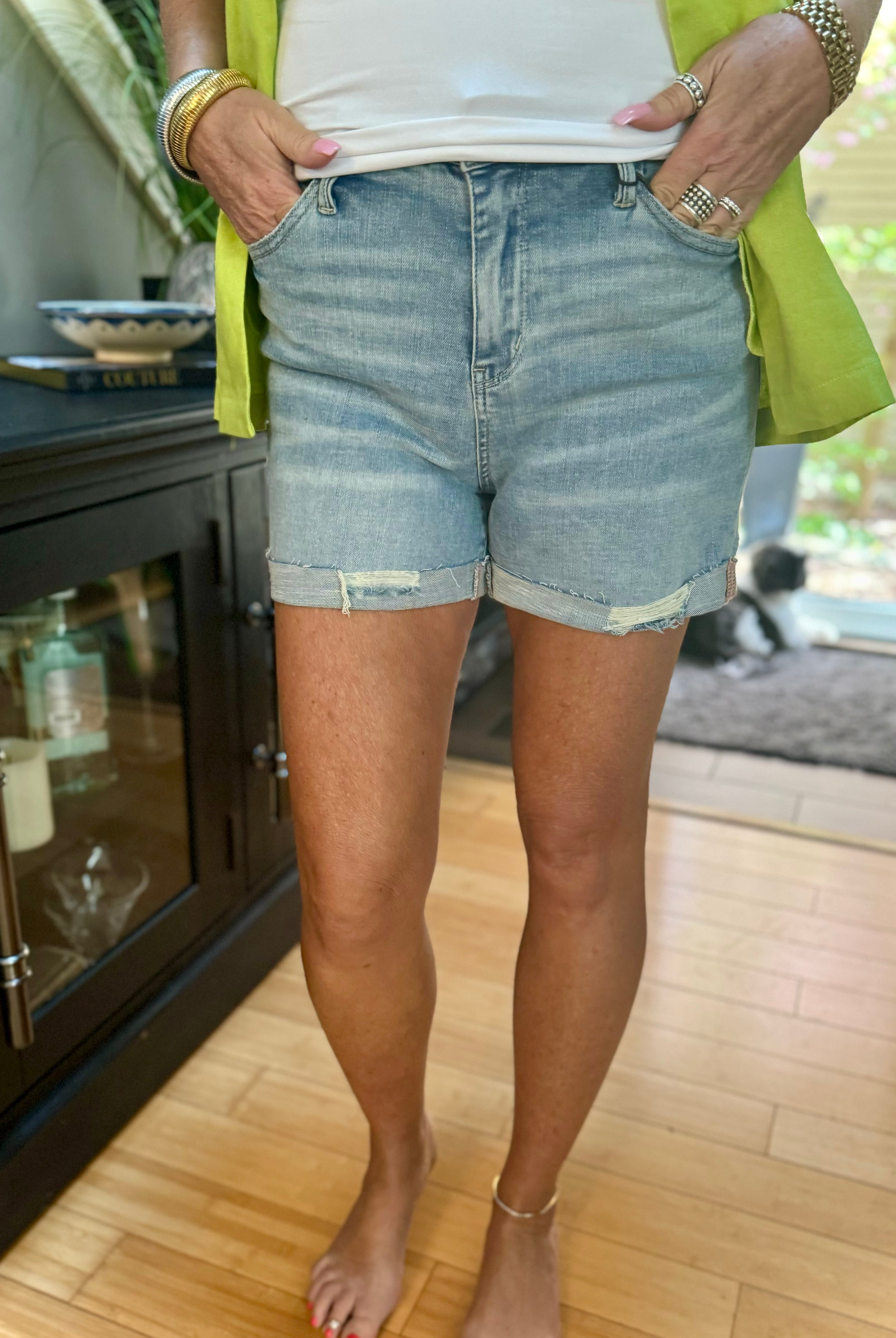 Darlene High Rise Distressed Cuffed Cutoff Shorts-Shorts-Ave Shops-Urban Threadz Boutique, Women's Fashion Boutique in Saugatuck, MI