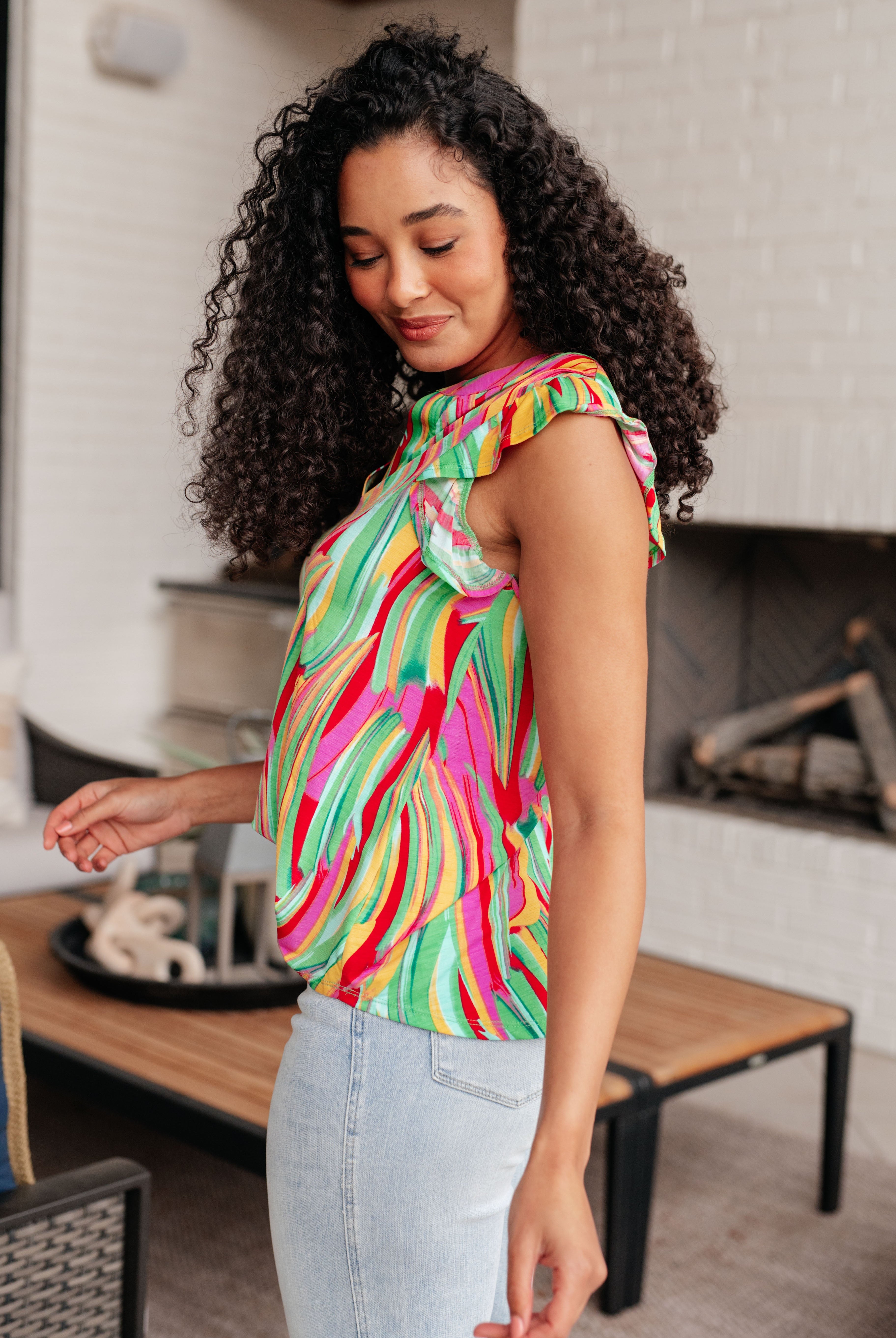Lizzy Flutter Sleeve Top in Green Multi Abstract Stripe-Tank Tops-Ave Shops-Urban Threadz Boutique, Women's Fashion Boutique in Saugatuck, MI