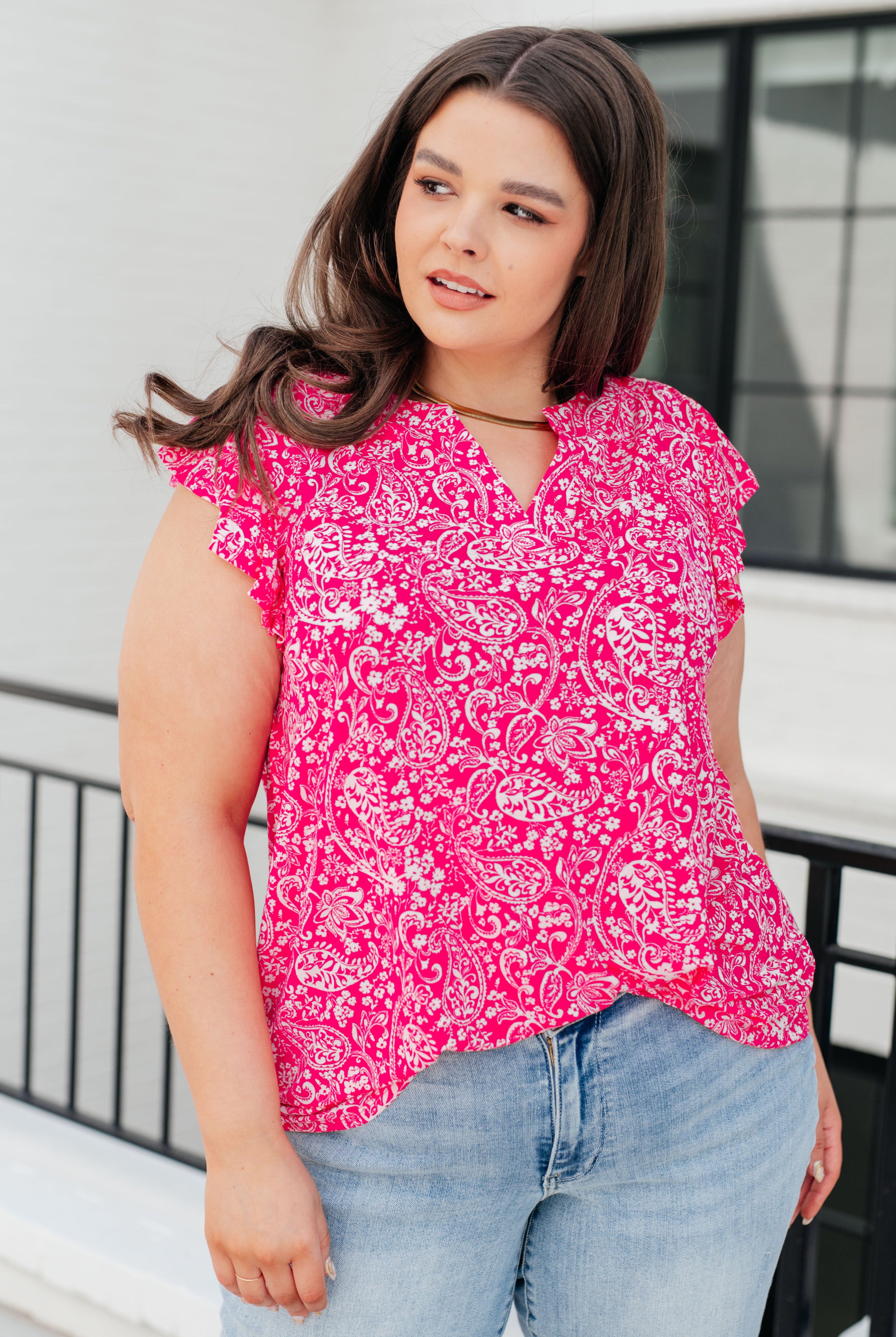 Lizzy Flutter Sleeve Top in Hot Pink and White Floral-Tank Tops-Ave Shops-Urban Threadz Boutique, Women's Fashion Boutique in Saugatuck, MI