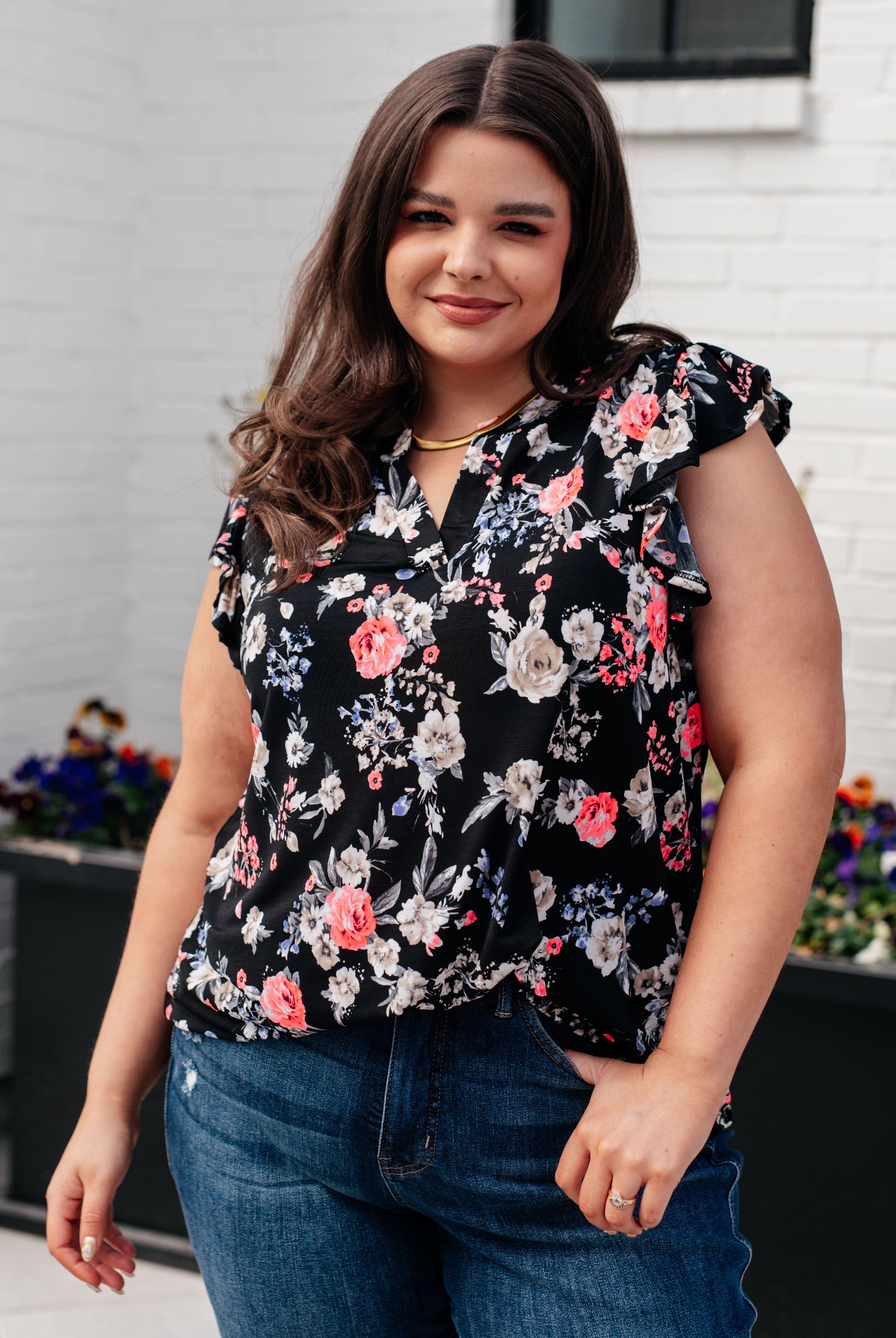 Lizzy Flutter Sleeve Top in Black and Muted Pink Floral-Tank Tops-Ave Shops-Urban Threadz Boutique, Women's Fashion Boutique in Saugatuck, MI