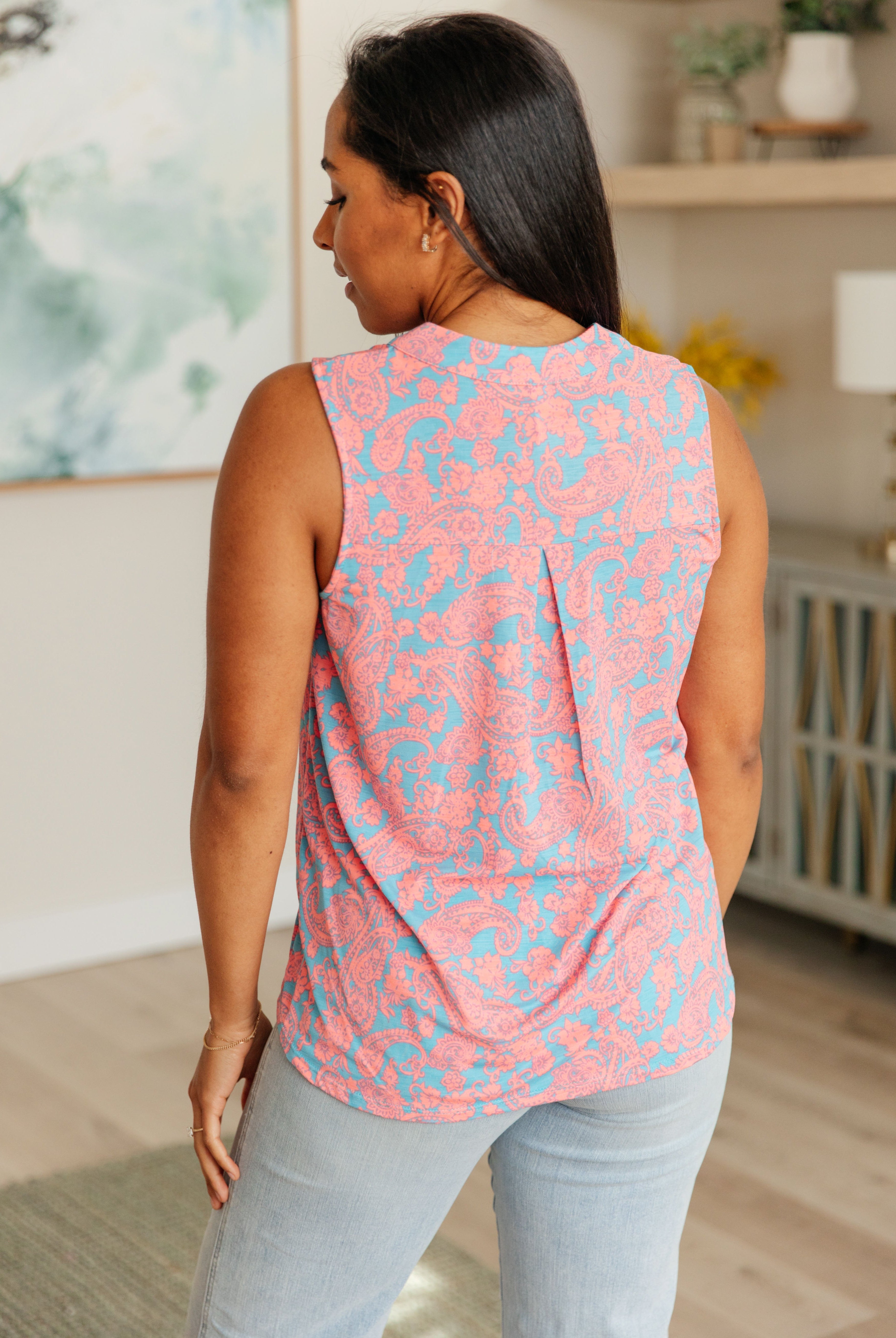 Lizzy Tank Top in Blue and Apricot Paisley-Tops-Ave Shops-Urban Threadz Boutique, Women's Fashion Boutique in Saugatuck, MI