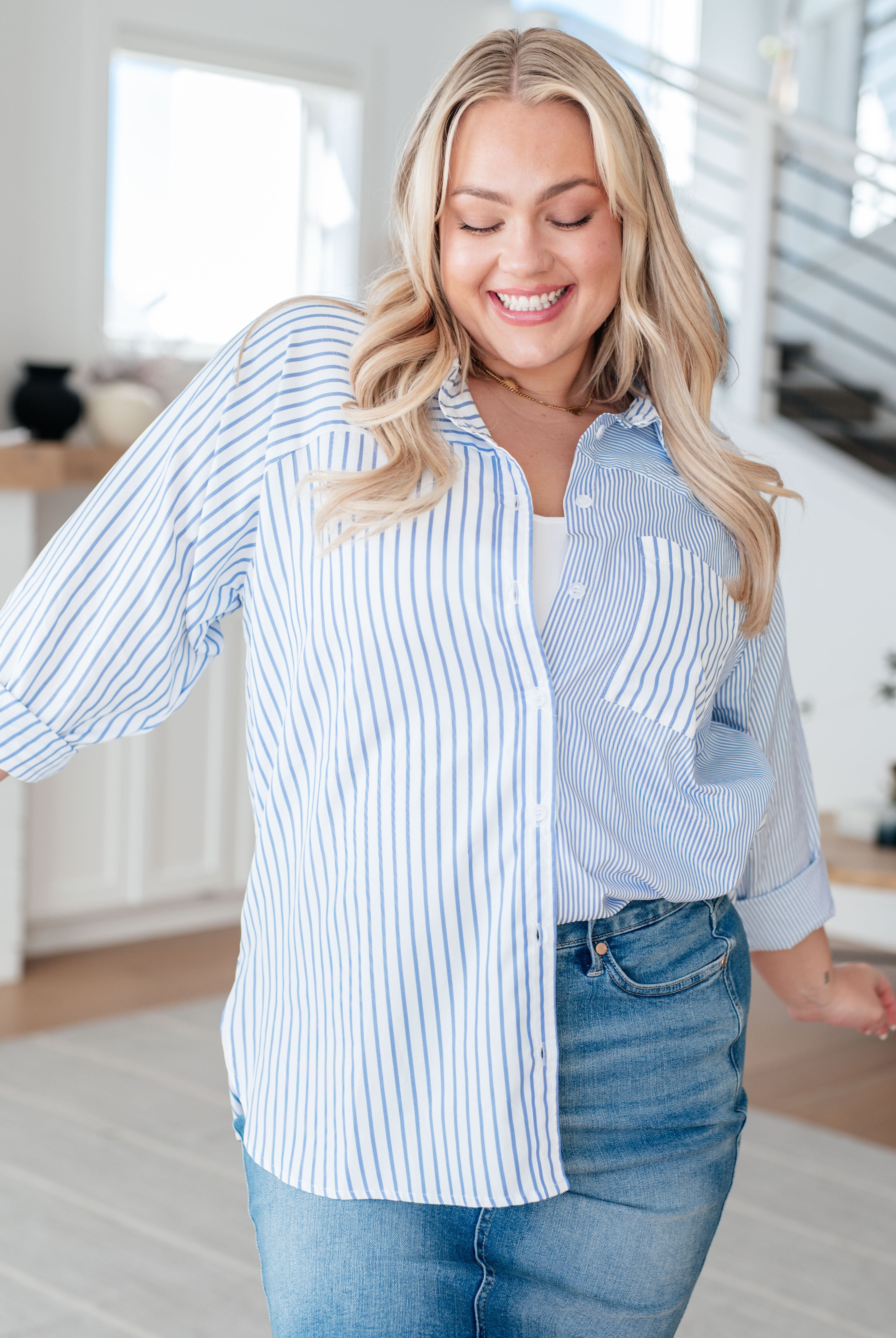 This or That Striped Button Down-Long Sleeves-Ave Shops-Urban Threadz Boutique, Women's Fashion Boutique in Saugatuck, MI