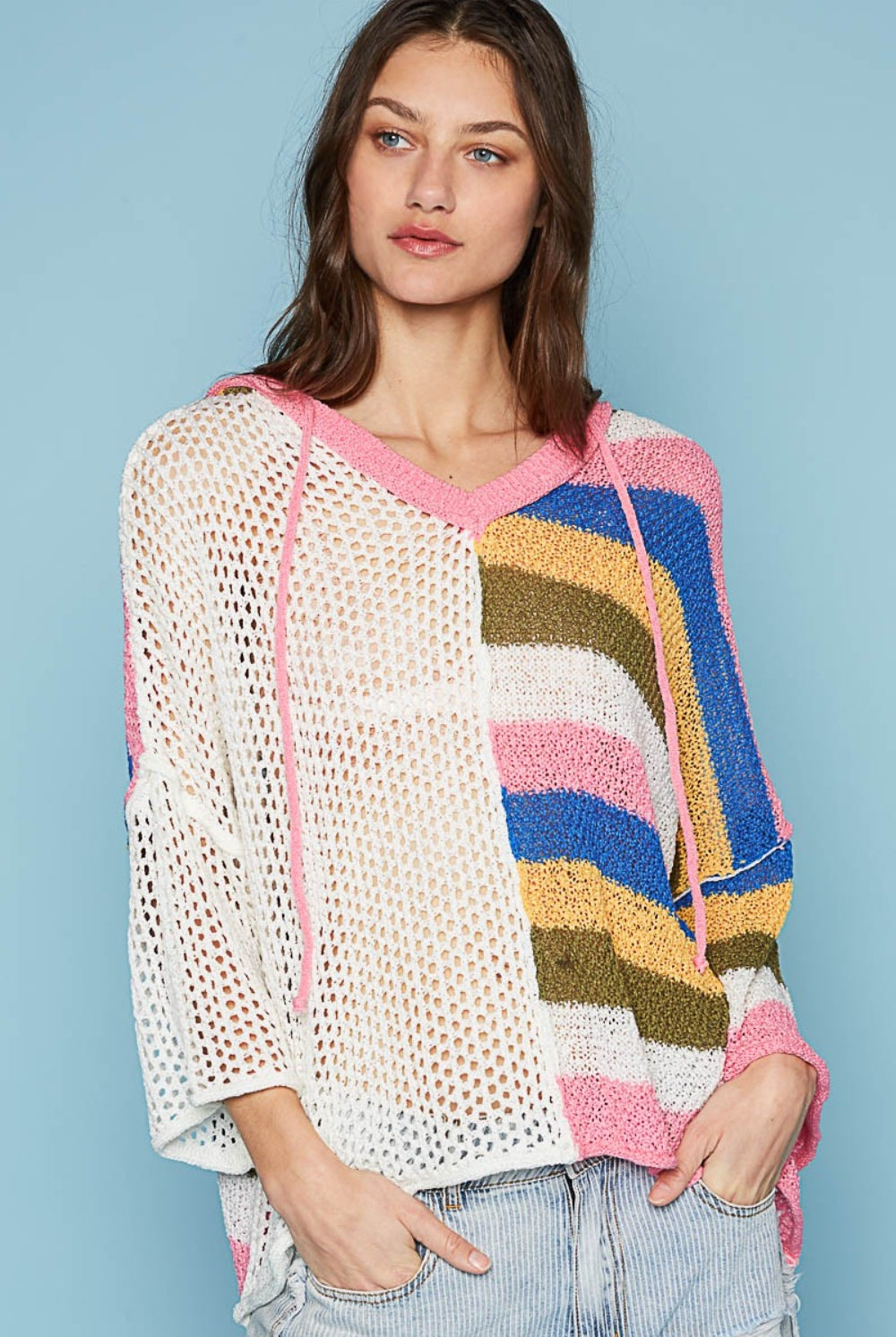 POL Openwork Drawstring Color Block Hooded Knit Top-Sweaters-Trendsi-Urban Threadz Boutique, Women's Fashion Boutique in Saugatuck, MI