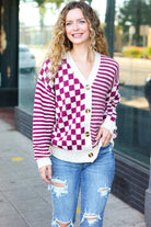 Cozy Days Magenta Checkered & Striped Button-Down Cardigan-Cardigans-Haptics-Urban Threadz Boutique, Women's Fashion Boutique in Saugatuck, MI