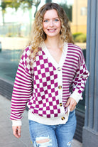 Cozy Days Magenta Checkered & Striped Button-Down Cardigan-Cardigans-Haptics-Urban Threadz Boutique, Women's Fashion Boutique in Saugatuck, MI