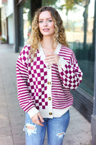 Cozy Days Magenta Checkered & Striped Button-Down Cardigan-Cardigans-Haptics-Urban Threadz Boutique, Women's Fashion Boutique in Saugatuck, MI