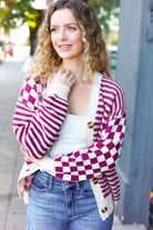 Cozy Days Magenta Checkered & Striped Button-Down Cardigan-Cardigans-Haptics-Urban Threadz Boutique, Women's Fashion Boutique in Saugatuck, MI