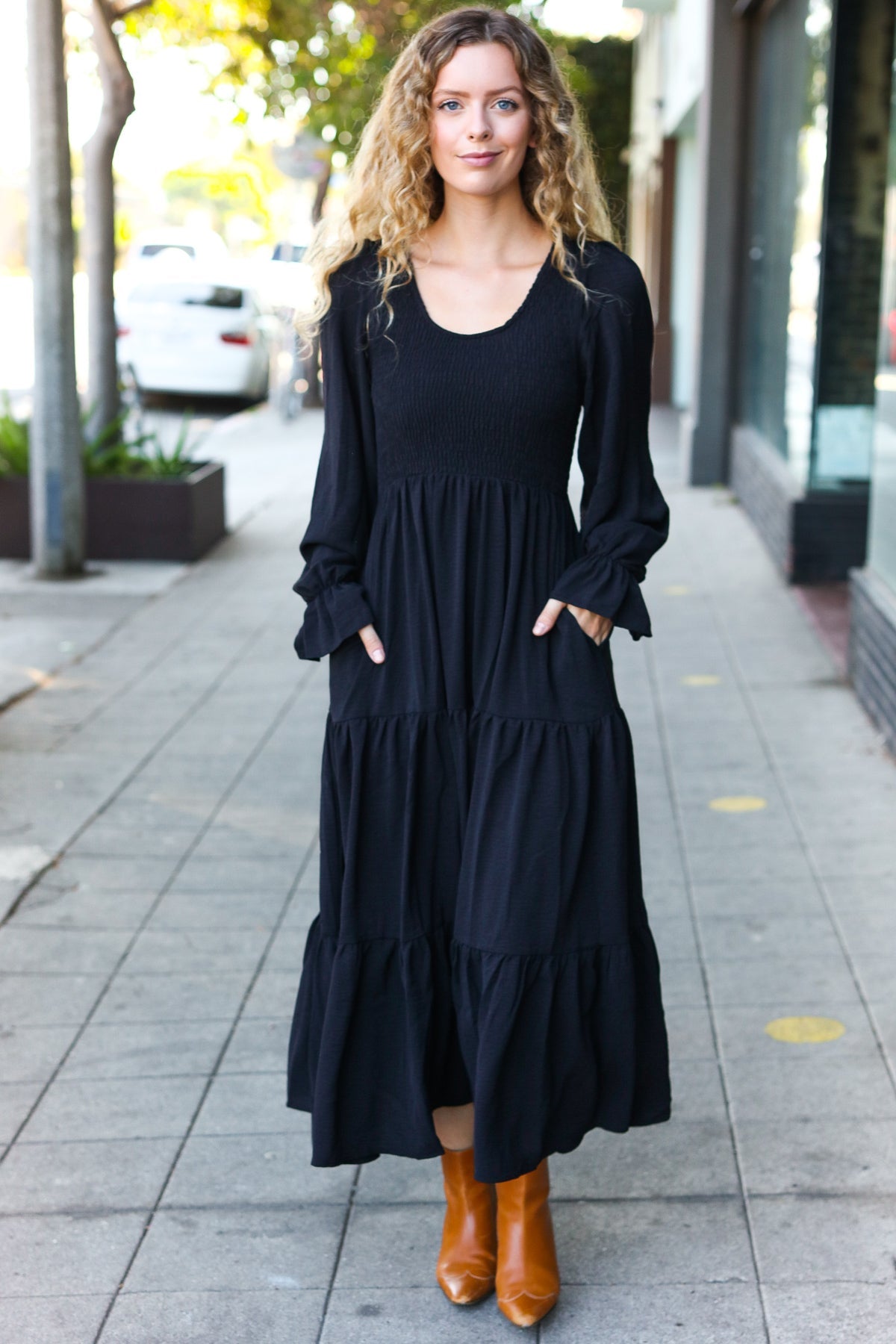 Beautiful You Black Smocked Ruffle Sleeve Maxi Dress-Dresses-Haptics-Urban Threadz Boutique, Women's Fashion Boutique in Saugatuck, MI