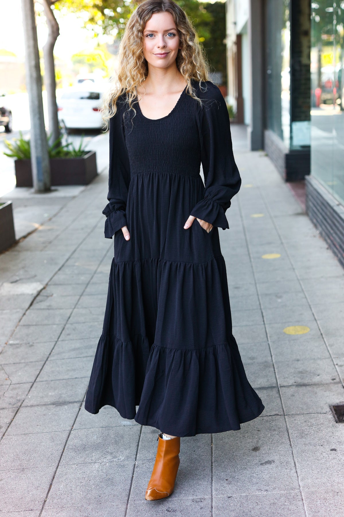 Beautiful You Black Smocked Ruffle Sleeve Maxi Dress-Dresses-Haptics-Urban Threadz Boutique, Women's Fashion Boutique in Saugatuck, MI