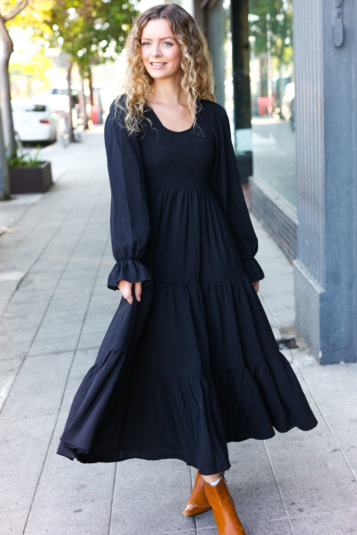 Beautiful You Black Smocked Ruffle Sleeve Maxi Dress-Dresses-Haptics-Urban Threadz Boutique, Women's Fashion Boutique in Saugatuck, MI