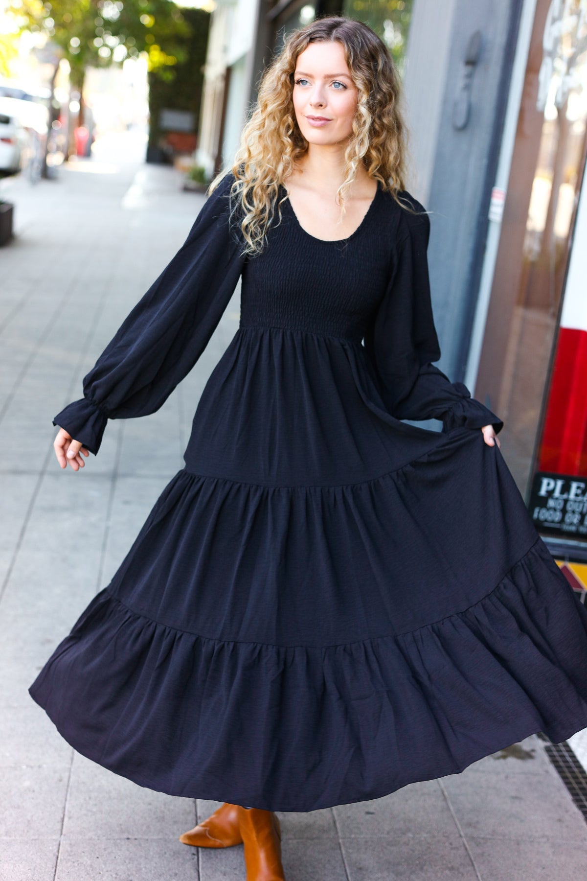 Beautiful You Black Smocked Ruffle Sleeve Maxi Dress-Dresses-Haptics-Urban Threadz Boutique, Women's Fashion Boutique in Saugatuck, MI