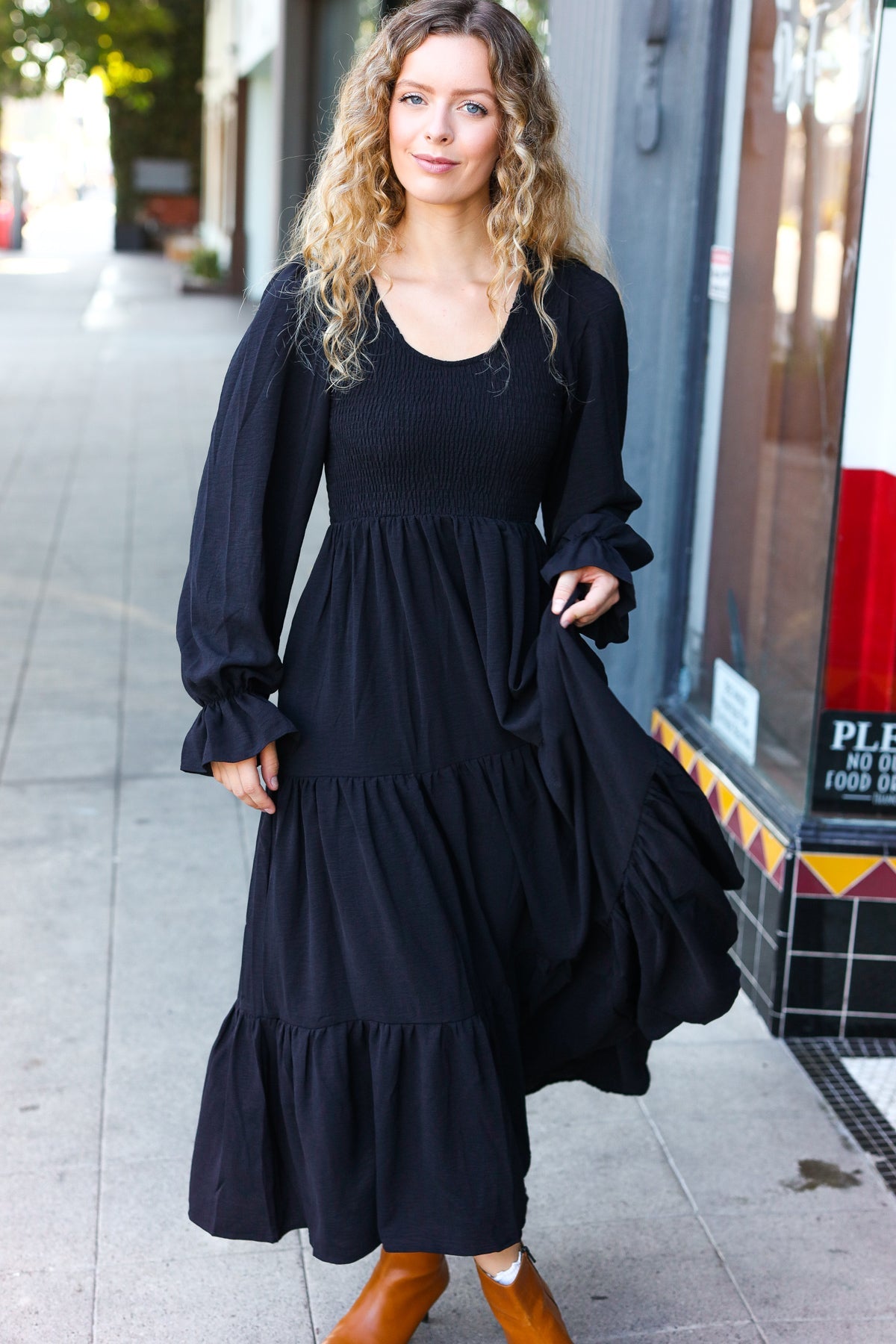 Beautiful You Black Smocked Ruffle Sleeve Maxi Dress-Dresses-Haptics-Urban Threadz Boutique, Women's Fashion Boutique in Saugatuck, MI