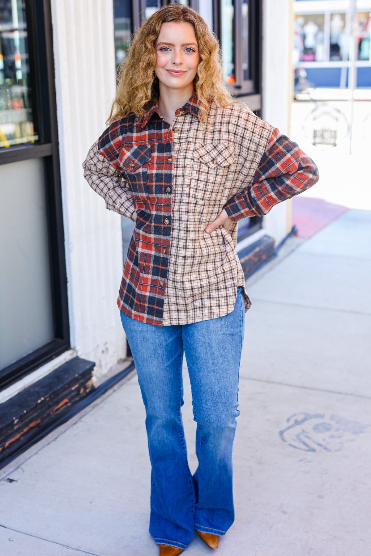 Rust & Taupe Plaid Color Block Shacket-Shackets-Haptics-Urban Threadz Boutique, Women's Fashion Boutique in Saugatuck, MI