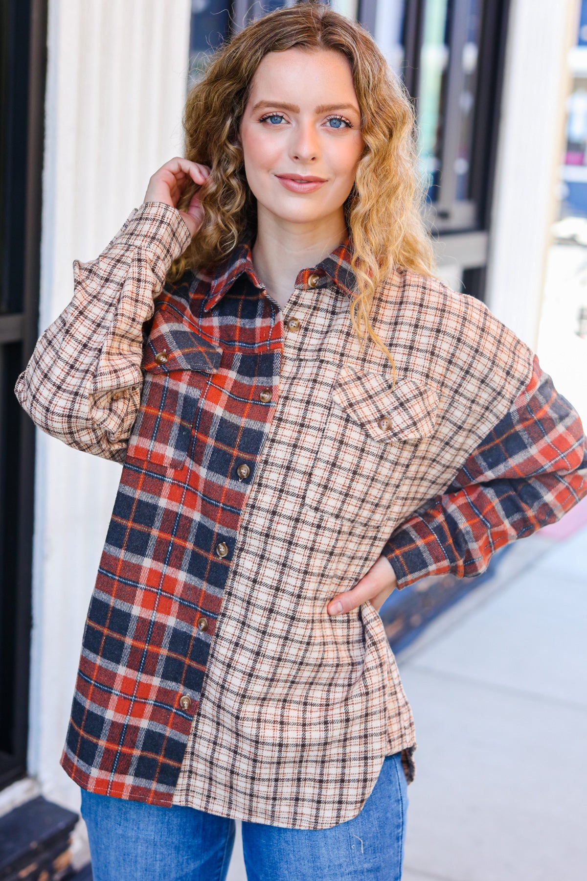 Rust & Taupe Plaid Color Block Shacket-Shackets-Haptics-Urban Threadz Boutique, Women's Fashion Boutique in Saugatuck, MI