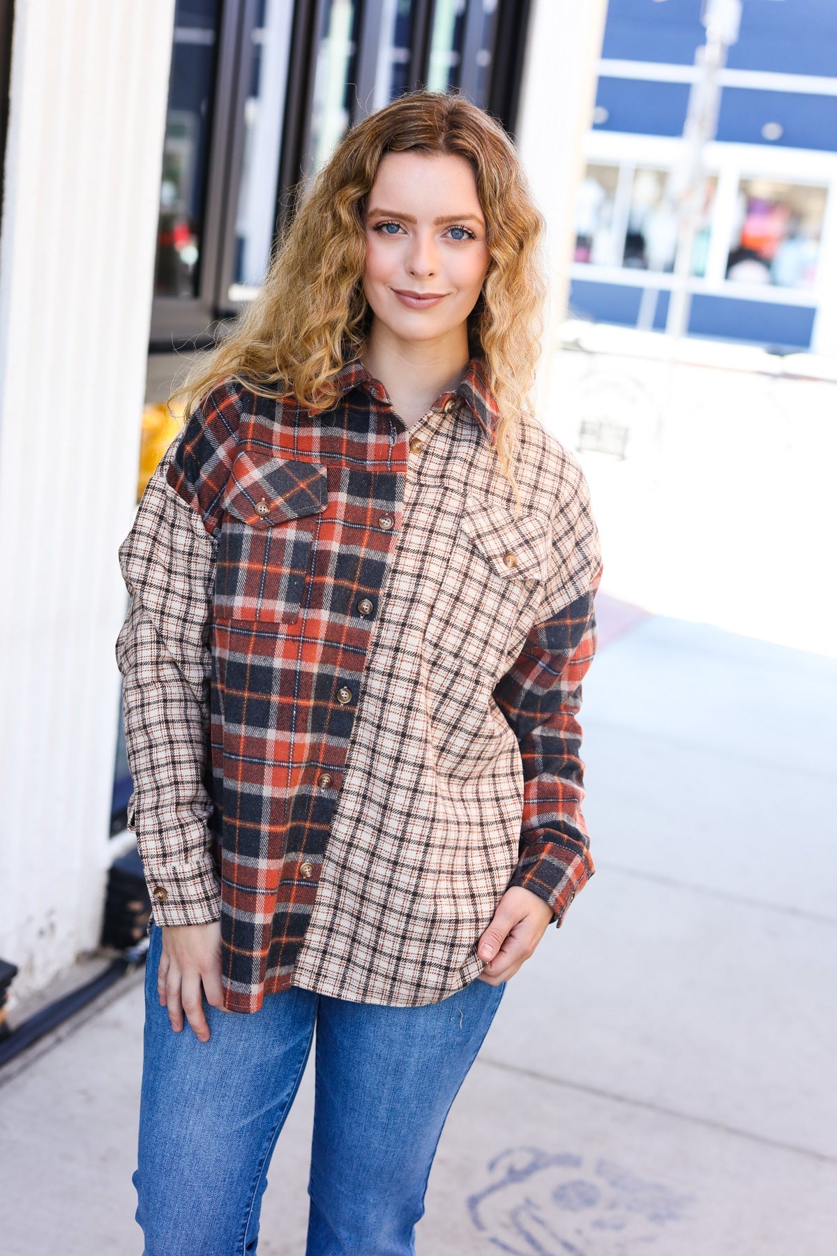 Rust & Taupe Plaid Color Block Shacket-Shackets-Haptics-Urban Threadz Boutique, Women's Fashion Boutique in Saugatuck, MI