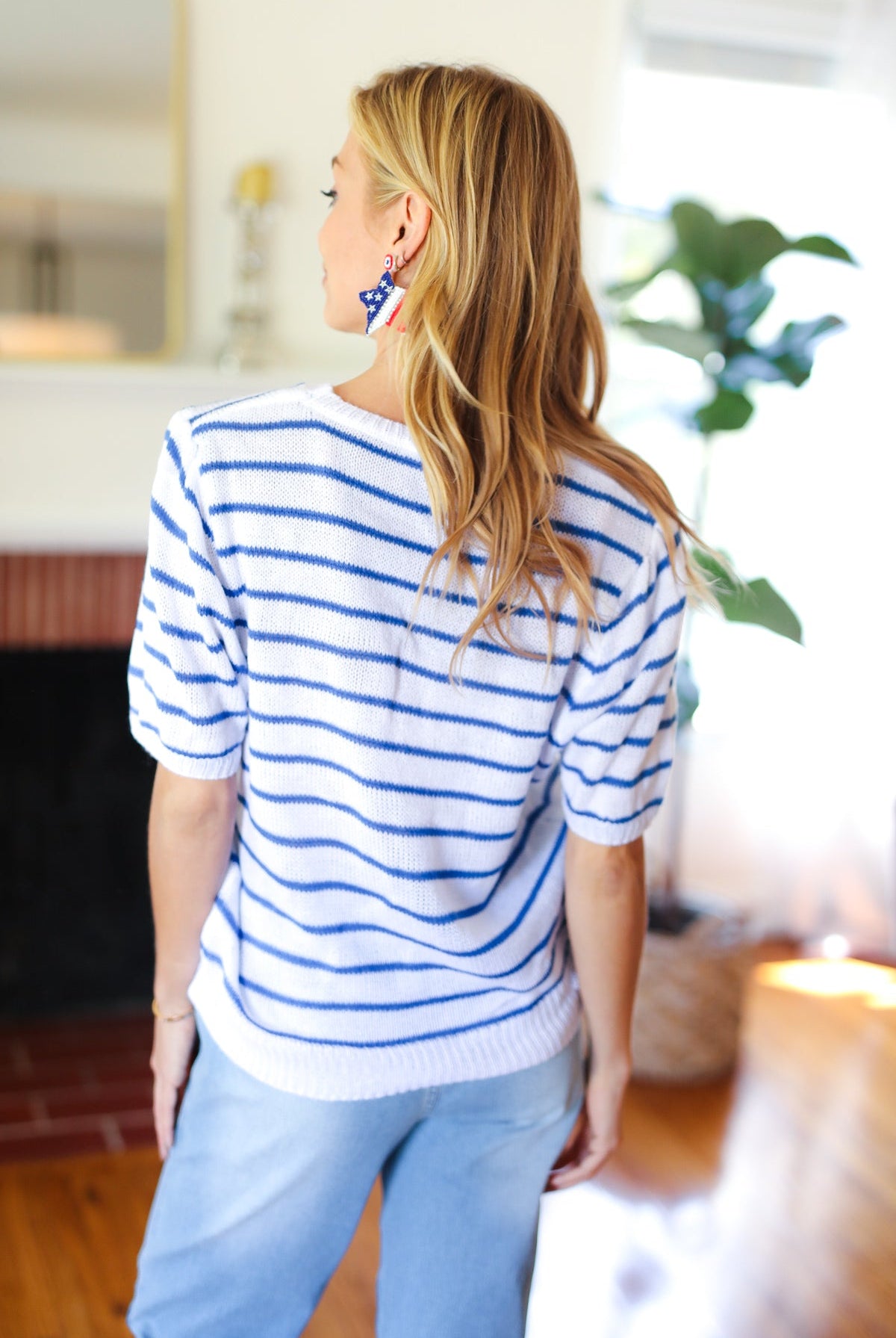 America Proud Blue Striped Embroidered Puff Sleeve Top-Short Sleeves-Haptics-Urban Threadz Boutique, Women's Fashion Boutique in Saugatuck, MI
