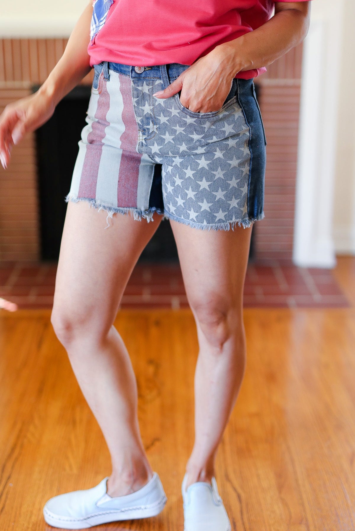 American Flag High Rise Frayed Hem Denim Shorts-Shorts-Haptics-Urban Threadz Boutique, Women's Fashion Boutique in Saugatuck, MI