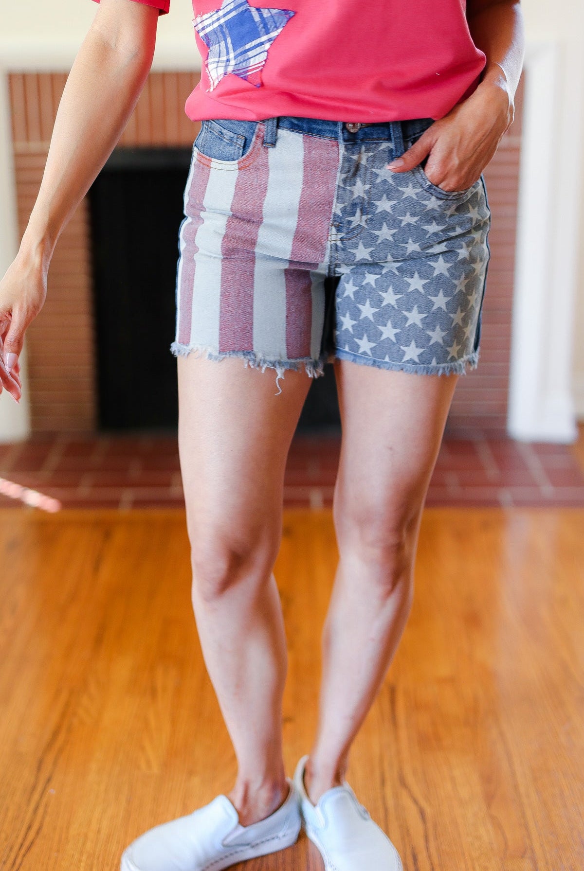 American Flag High Rise Frayed Hem Denim Shorts-Shorts-Haptics-Urban Threadz Boutique, Women's Fashion Boutique in Saugatuck, MI