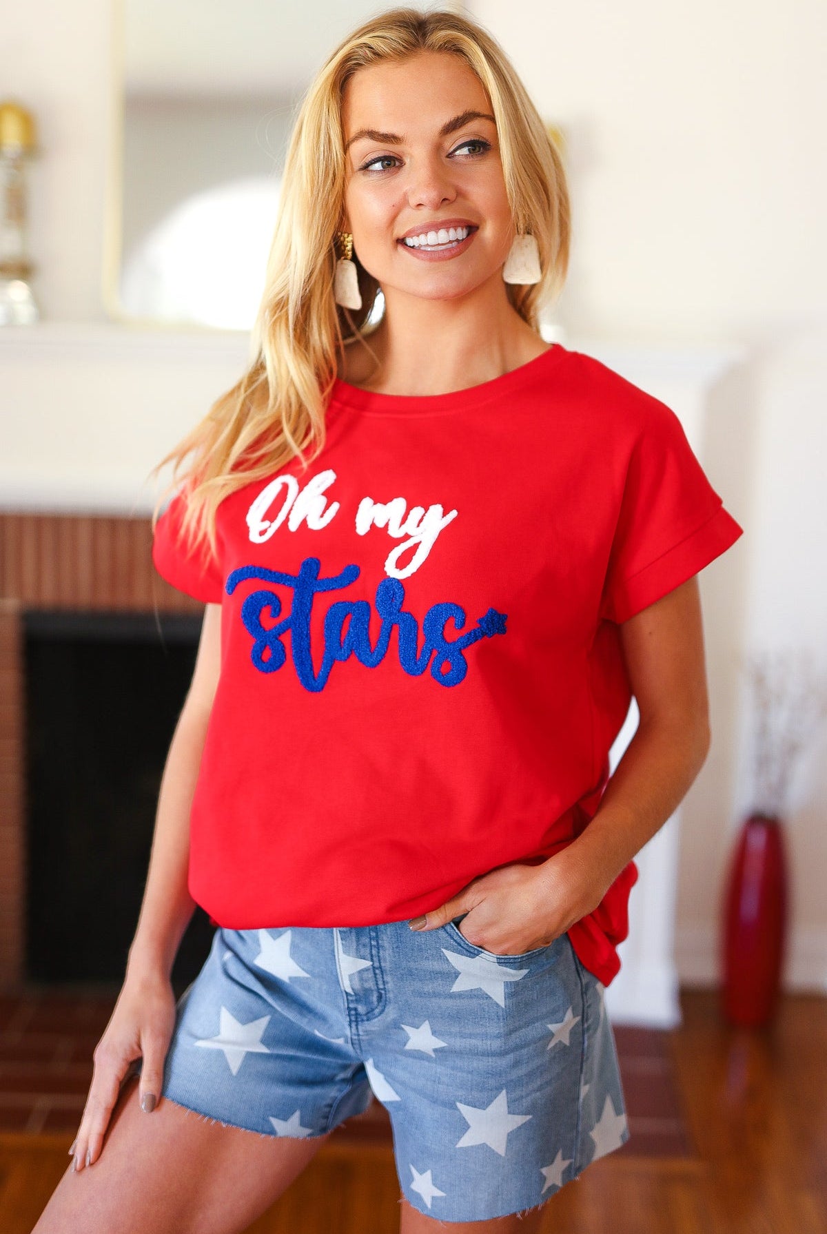 Oh My Stars Red Embroidered French Terry Dolman Top-Short Sleeves-Haptics-Urban Threadz Boutique, Women's Fashion Boutique in Saugatuck, MI