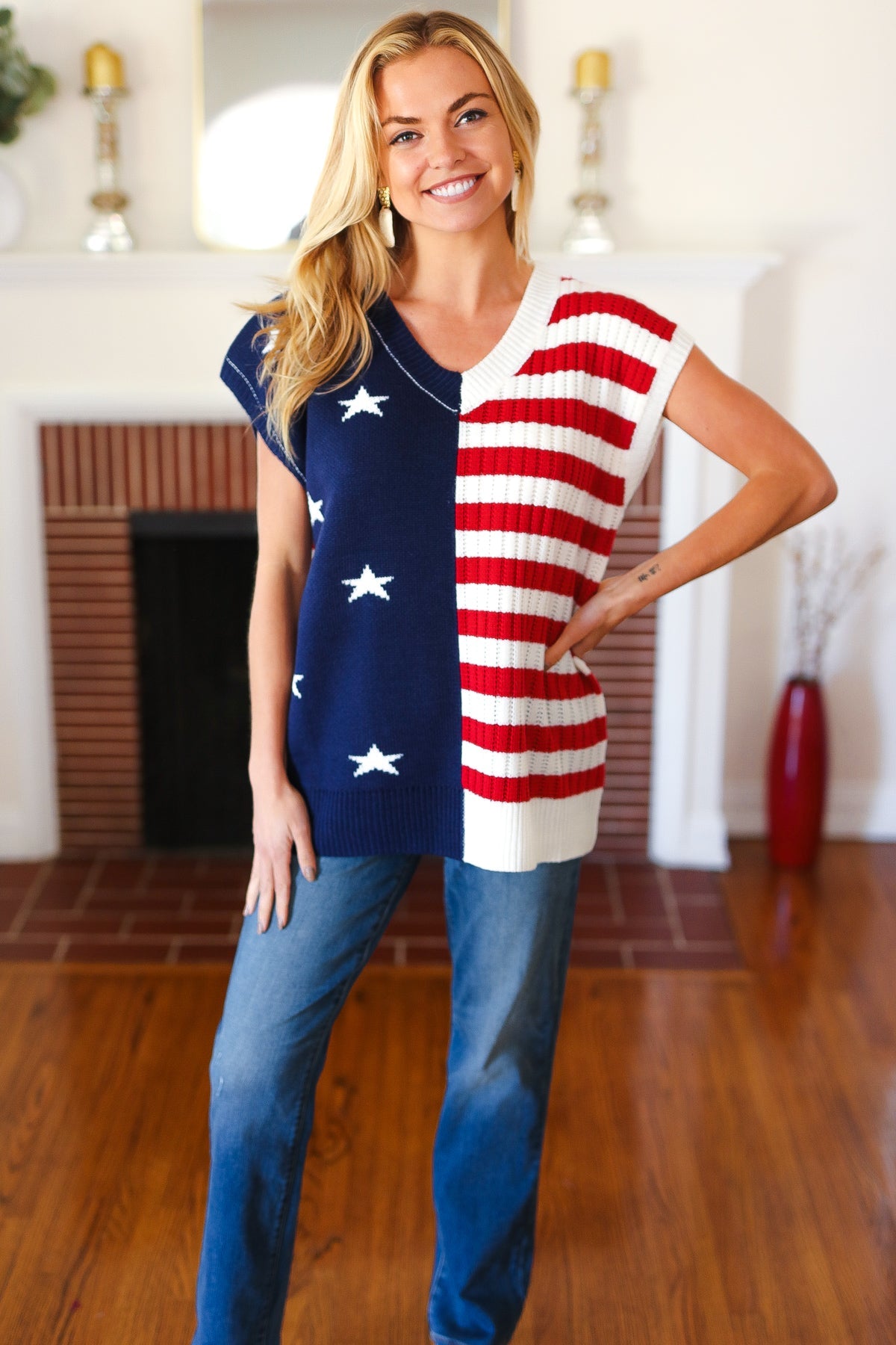 Stars & Stripes Americana V Neck Dolman Sweater Top-Short Sleeves-Haptics-Urban Threadz Boutique, Women's Fashion Boutique in Saugatuck, MI
