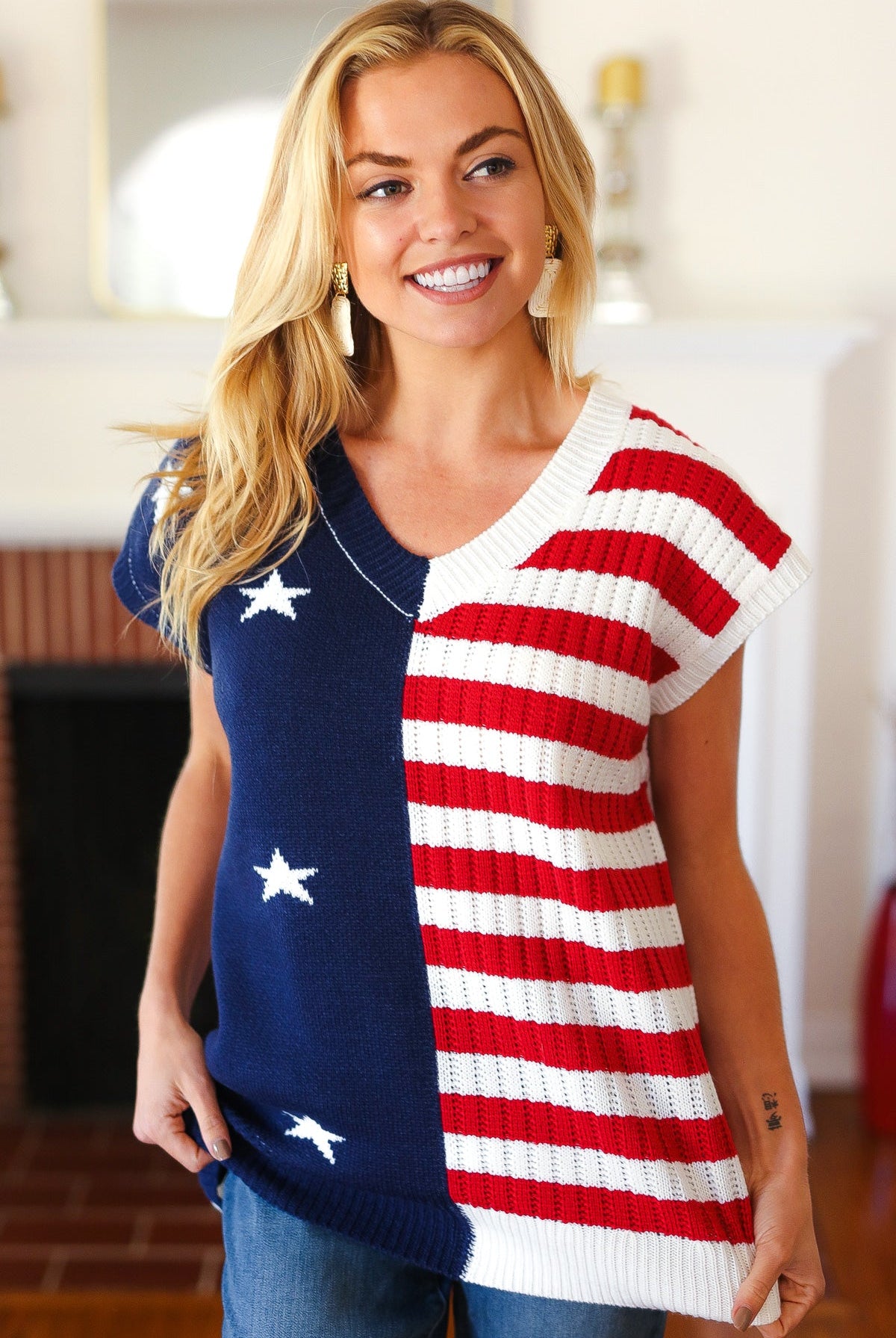 Stars & Stripes Americana V Neck Dolman Sweater Top-Short Sleeves-Haptics-Urban Threadz Boutique, Women's Fashion Boutique in Saugatuck, MI