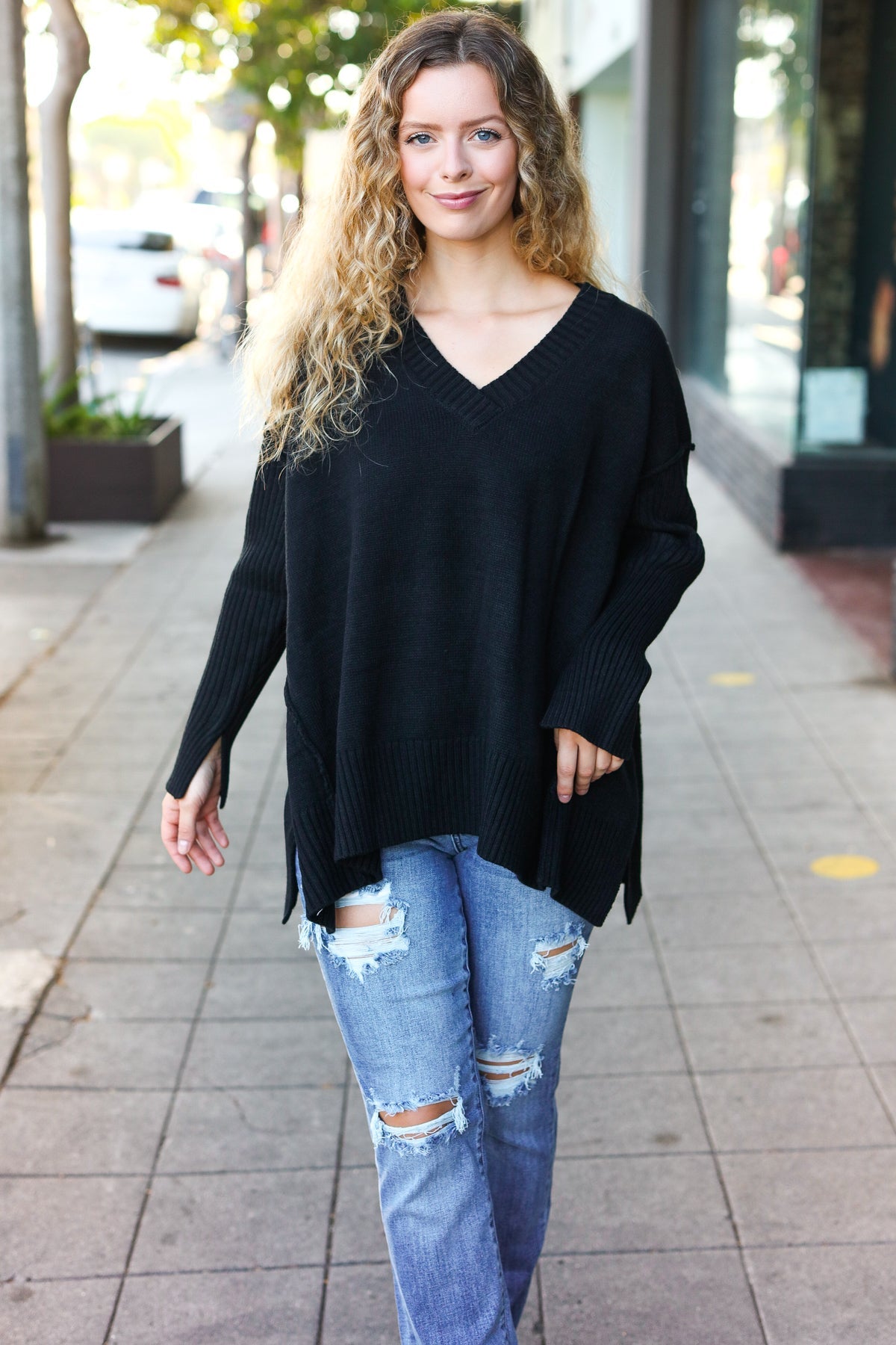 Casual Chic Black Oversized V Neck Rib Knit Sweater-Sweaters-Haptics-Urban Threadz Boutique, Women's Fashion Boutique in Saugatuck, MI