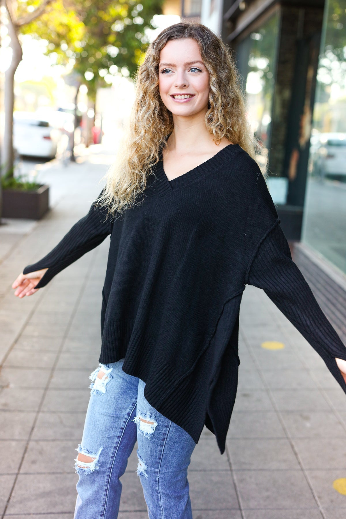 Casual Chic Black Oversized V Neck Rib Knit Sweater-Sweaters-Haptics-Urban Threadz Boutique, Women's Fashion Boutique in Saugatuck, MI