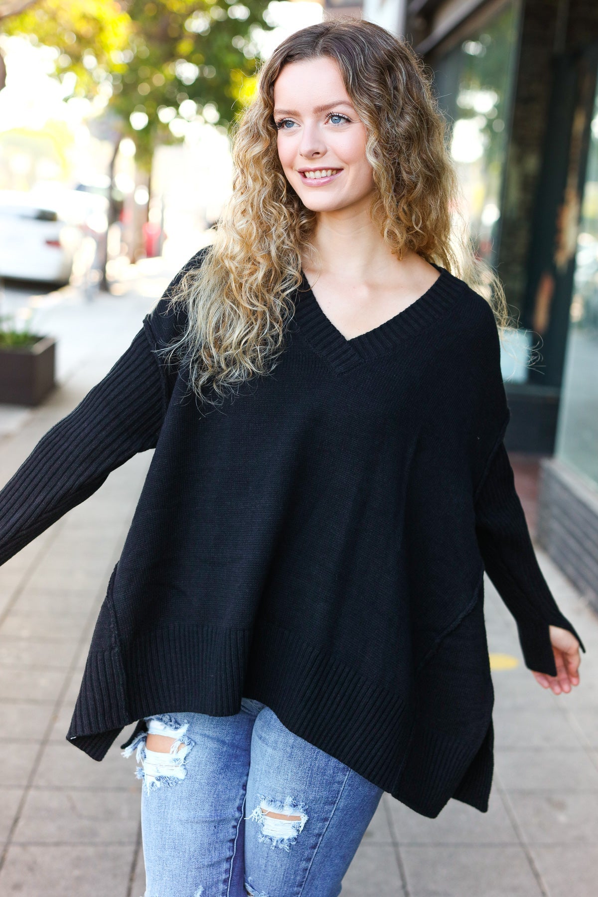 Casual Chic Black Oversized V Neck Rib Knit Sweater-Sweaters-Haptics-Urban Threadz Boutique, Women's Fashion Boutique in Saugatuck, MI