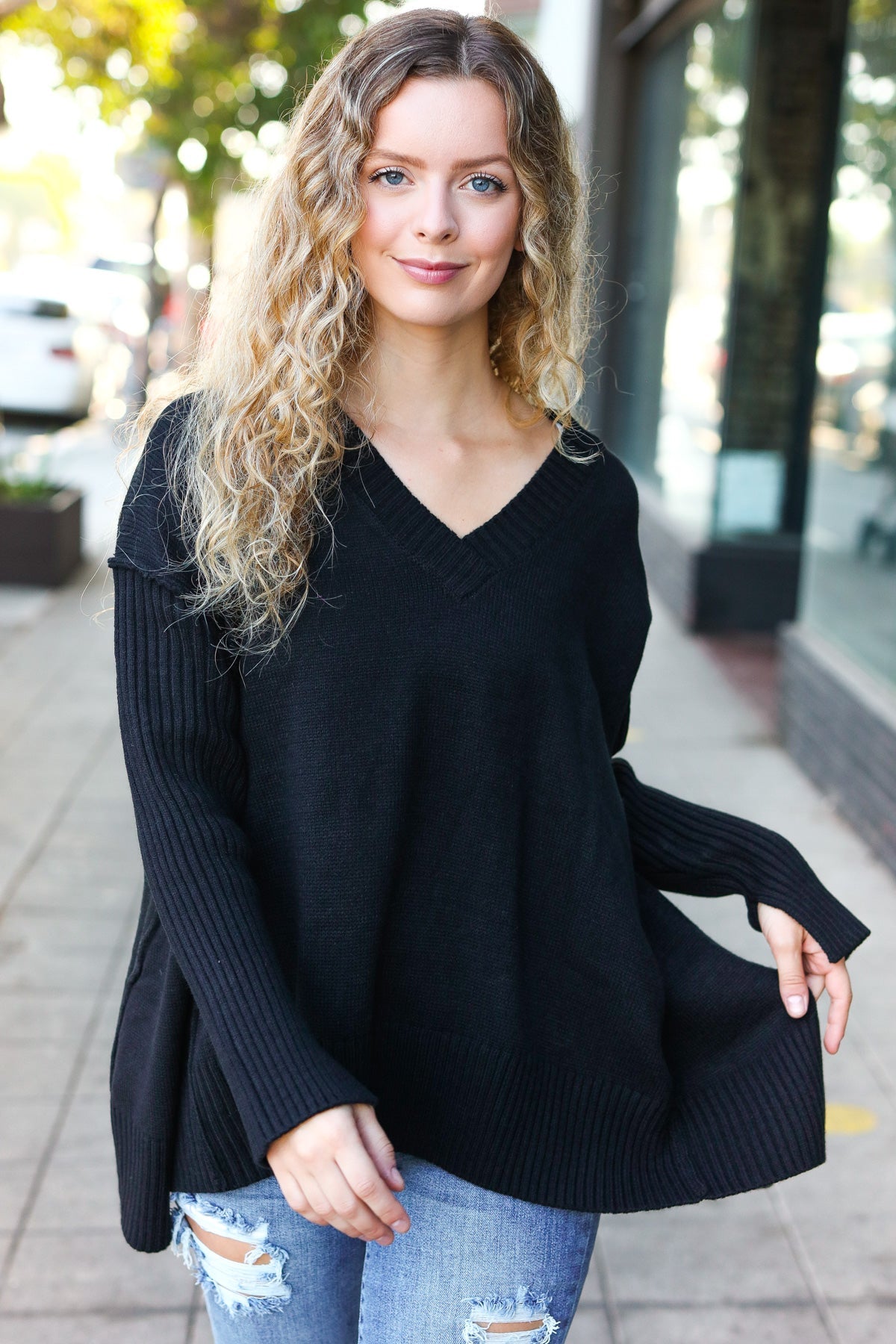 Casual Chic Black Oversized V Neck Rib Knit Sweater-Sweaters-Haptics-Urban Threadz Boutique, Women's Fashion Boutique in Saugatuck, MI