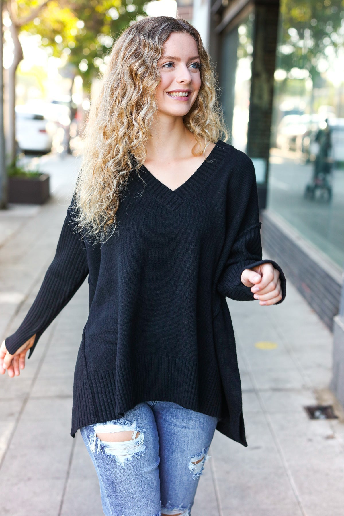 Casual Chic Black Oversized V Neck Rib Knit Sweater-Sweaters-Haptics-Urban Threadz Boutique, Women's Fashion Boutique in Saugatuck, MI