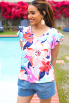 Summer Vibes Coral Tropical Print Flutter Sleeve Top-Short Sleeves-Haptics-Urban Threadz Boutique, Women's Fashion Boutique in Saugatuck, MI