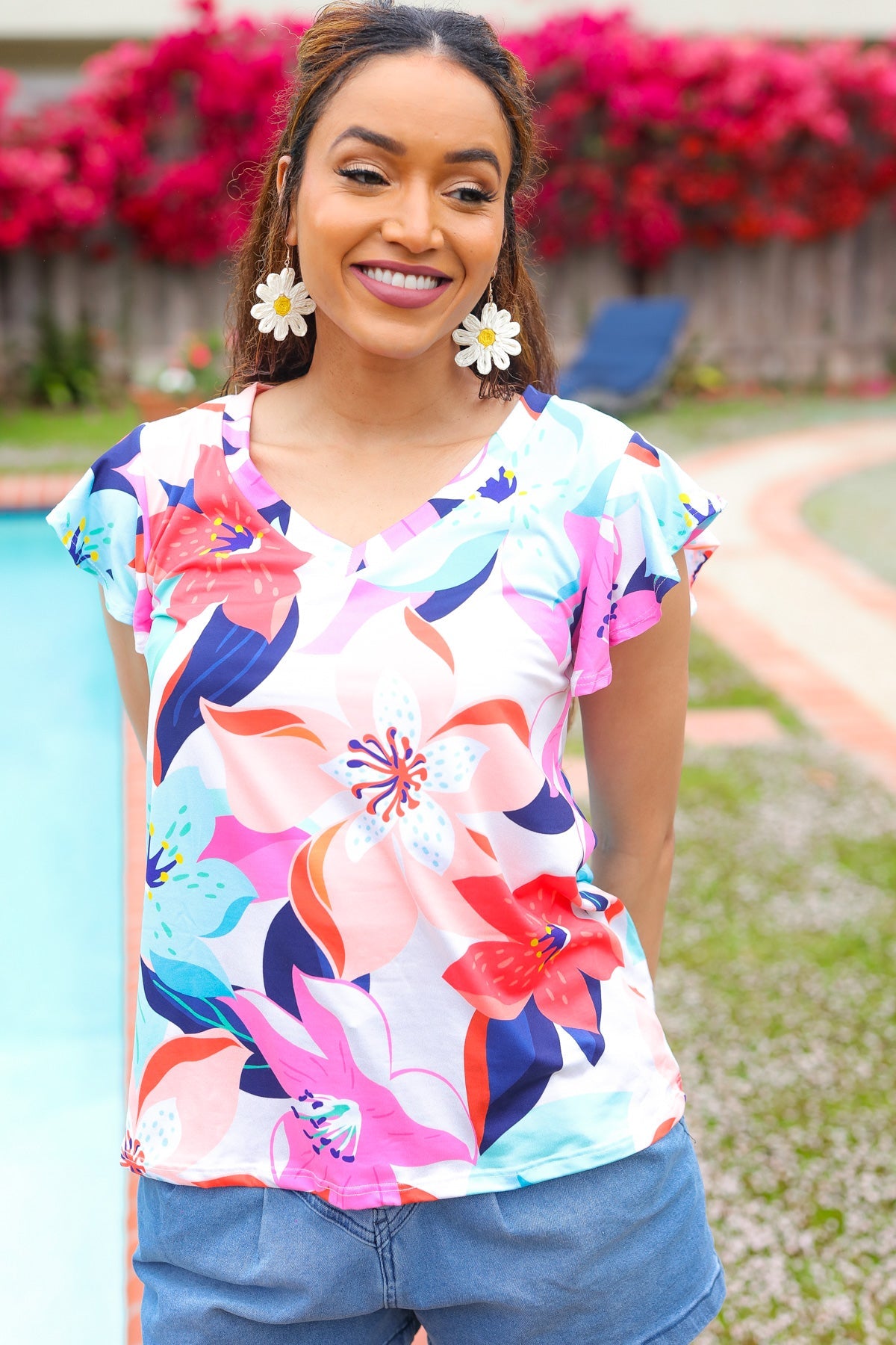 Summer Vibes Coral Tropical Print Flutter Sleeve Top-Short Sleeves-Haptics-Urban Threadz Boutique, Women's Fashion Boutique in Saugatuck, MI