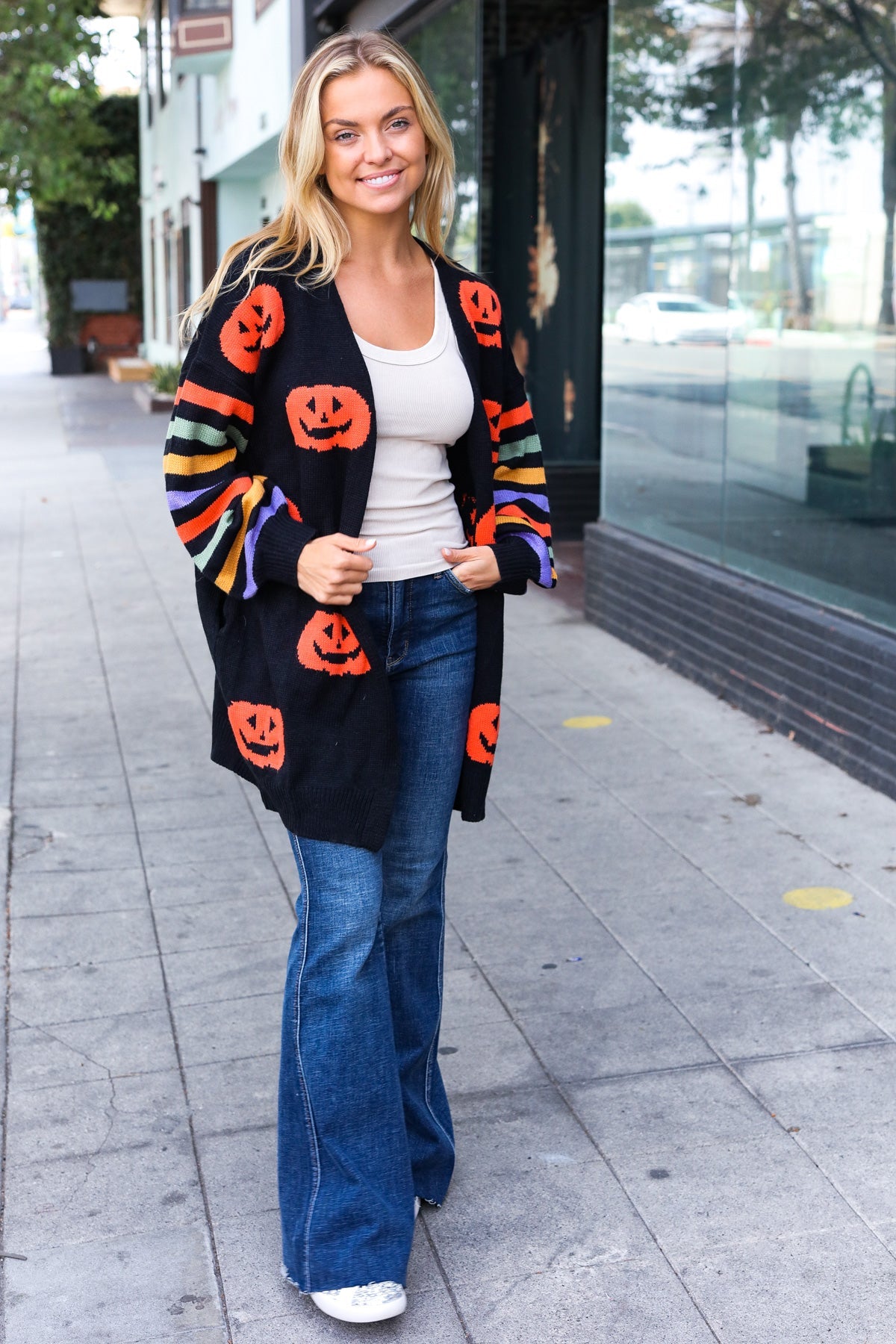 Pumpkin Multicolor Stripe Jacquard Knit Open Cardigan-Cardigans-Haptics-Urban Threadz Boutique, Women's Fashion Boutique in Saugatuck, MI