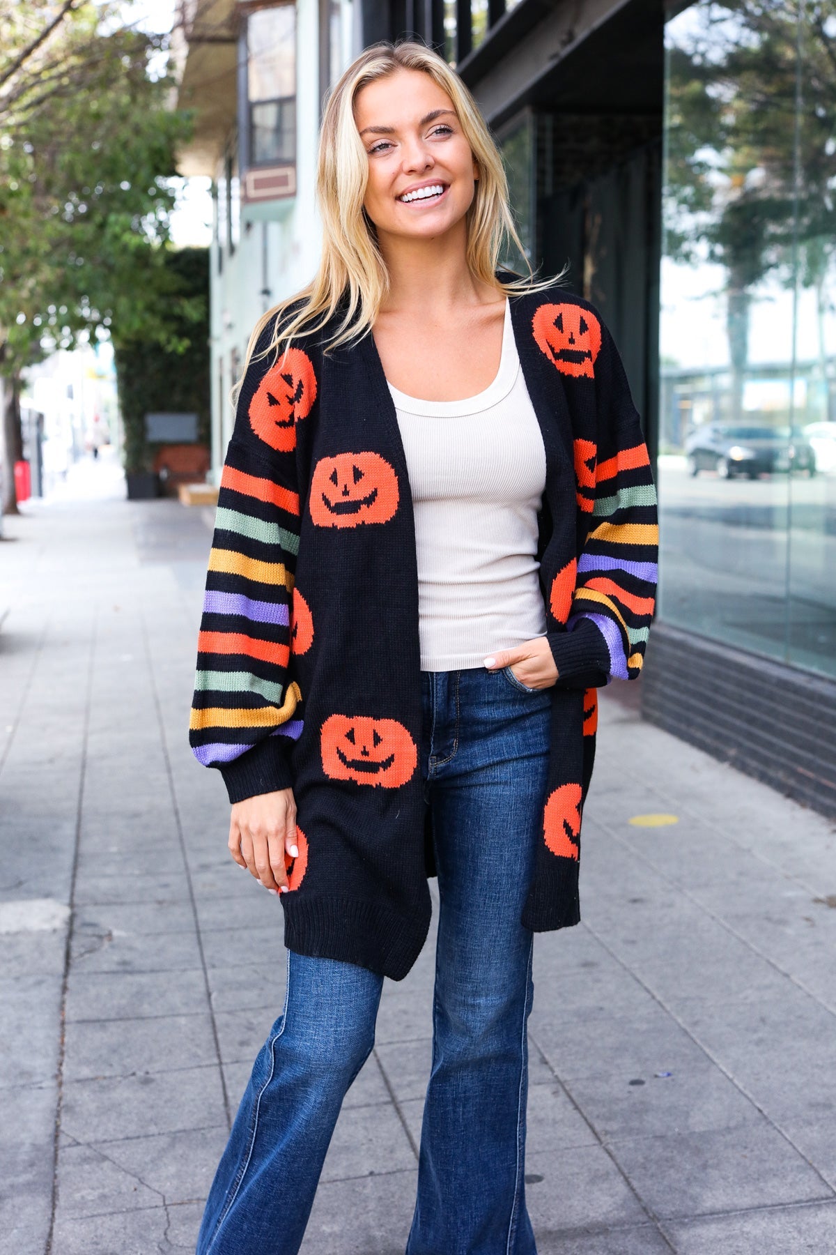 Pumpkin Multicolor Stripe Jacquard Knit Open Cardigan-Cardigans-Haptics-Urban Threadz Boutique, Women's Fashion Boutique in Saugatuck, MI