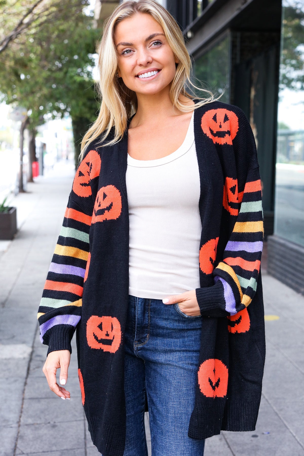 Pumpkin Multicolor Stripe Jacquard Knit Open Cardigan-Cardigans-Haptics-Urban Threadz Boutique, Women's Fashion Boutique in Saugatuck, MI