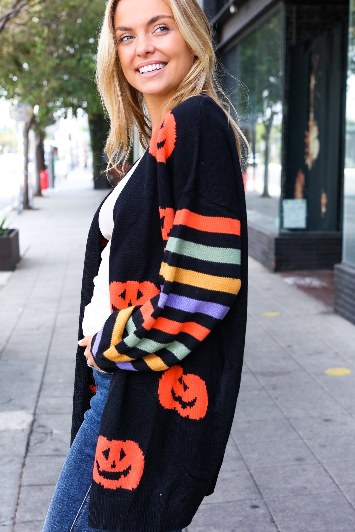 Pumpkin Multicolor Stripe Jacquard Knit Open Cardigan-Cardigans-Haptics-Urban Threadz Boutique, Women's Fashion Boutique in Saugatuck, MI