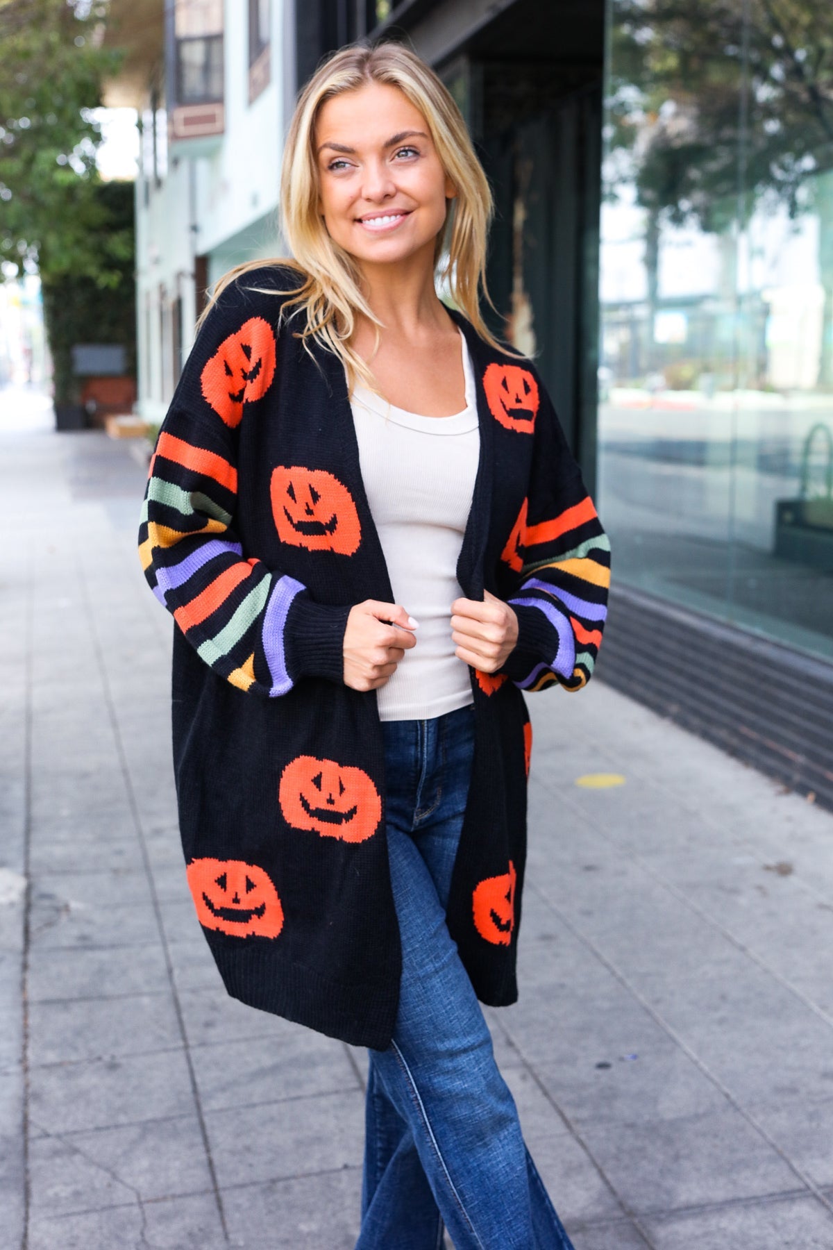 Pumpkin Multicolor Stripe Jacquard Knit Open Cardigan-Cardigans-Haptics-Urban Threadz Boutique, Women's Fashion Boutique in Saugatuck, MI