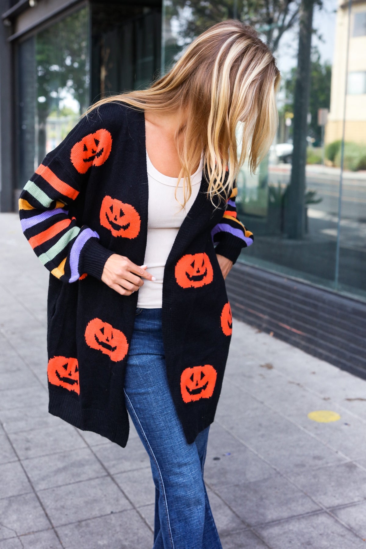 Pumpkin Multicolor Stripe Jacquard Knit Open Cardigan-Cardigans-Haptics-Urban Threadz Boutique, Women's Fashion Boutique in Saugatuck, MI