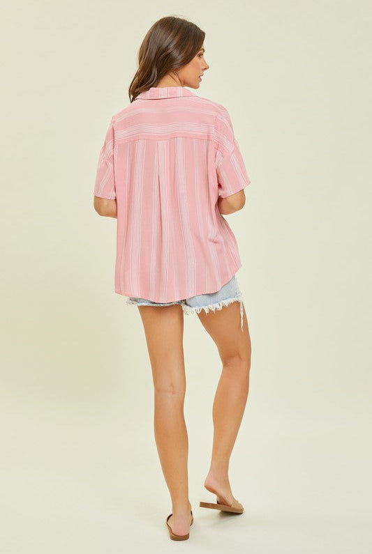 Light Airy Stripe Gauze Button Down Shirt in Pink-Short Sleeves-Ave Shops-Urban Threadz Boutique, Women's Fashion Boutique in Saugatuck, MI