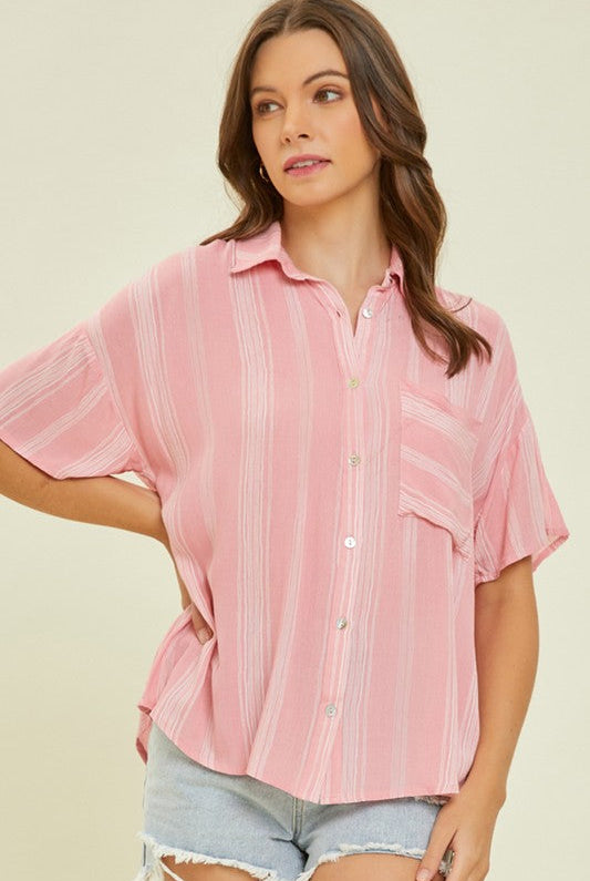 Light Airy Stripe Gauze Button Down Shirt in Pink-Short Sleeves-Ave Shops-Urban Threadz Boutique, Women's Fashion Boutique in Saugatuck, MI